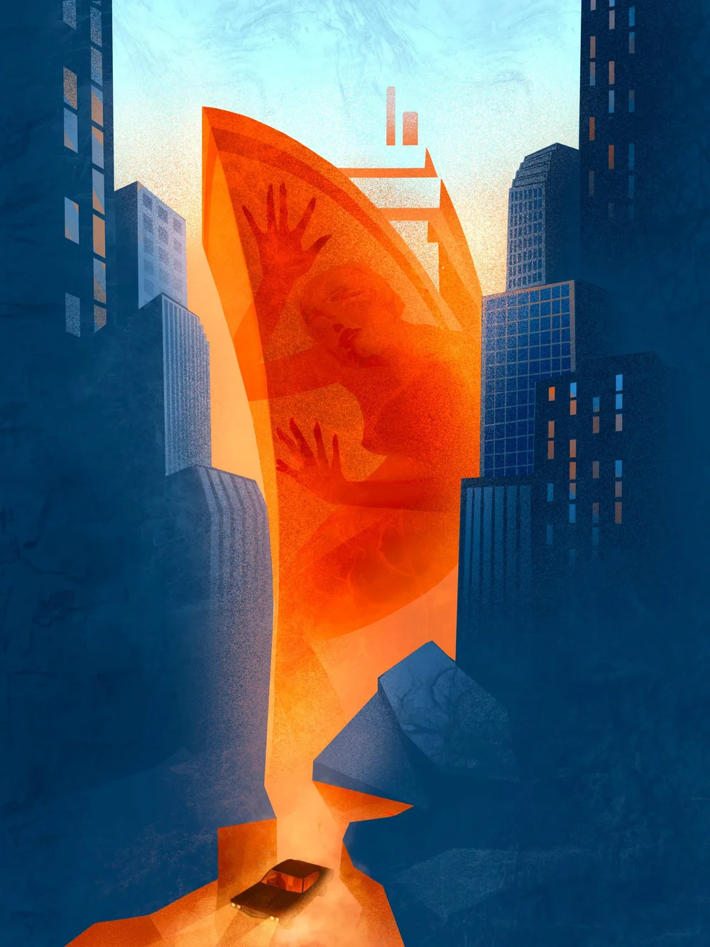 Poster illustration on climate change, depicting a woman trapped inside a glowing structure amid a collapsing cityscape, symbolizing environmental and urban crises.
