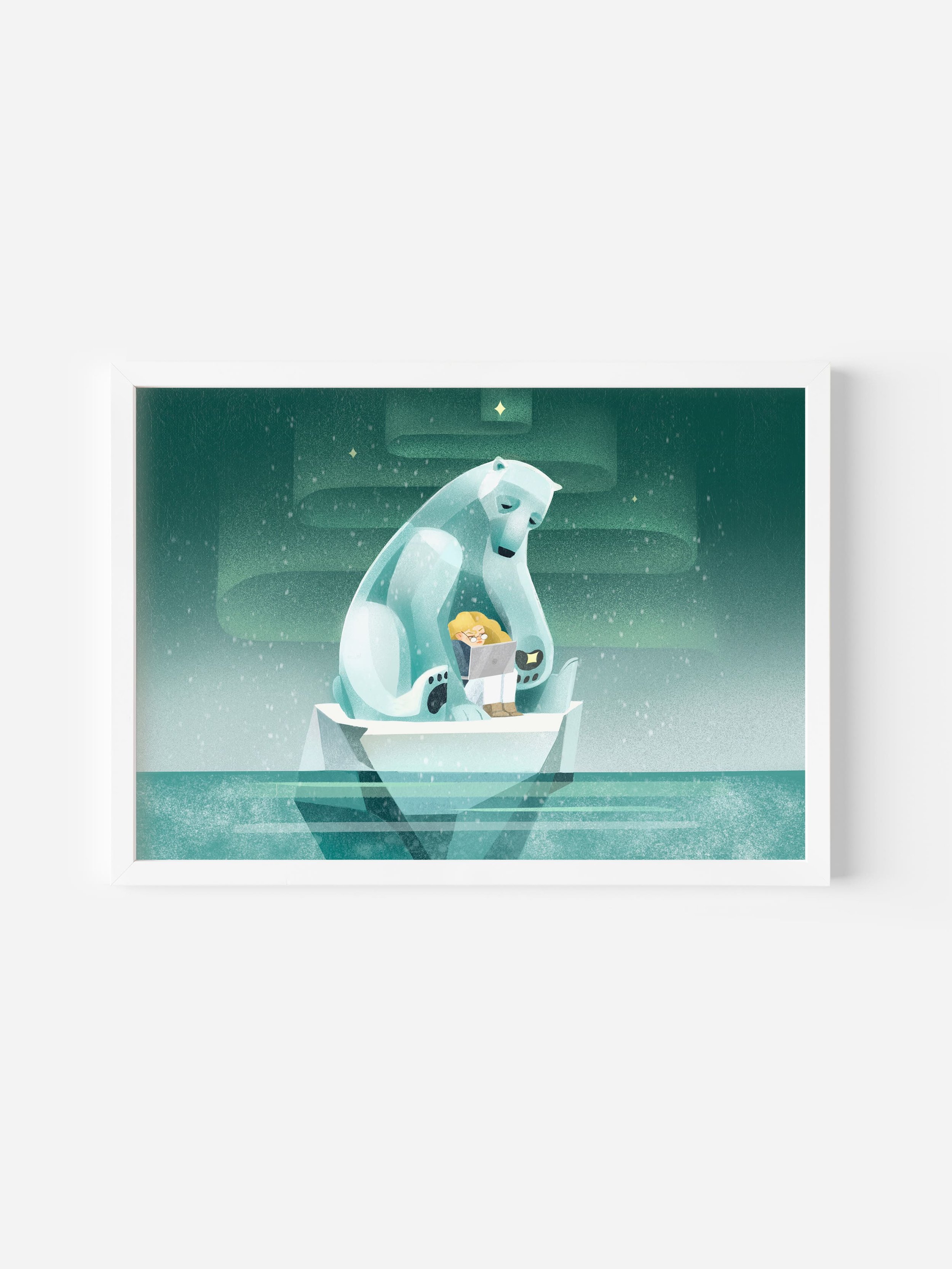 Framed art print of a girl and polar bear sitting on an iceberg, working remotely under a starry winter sky.