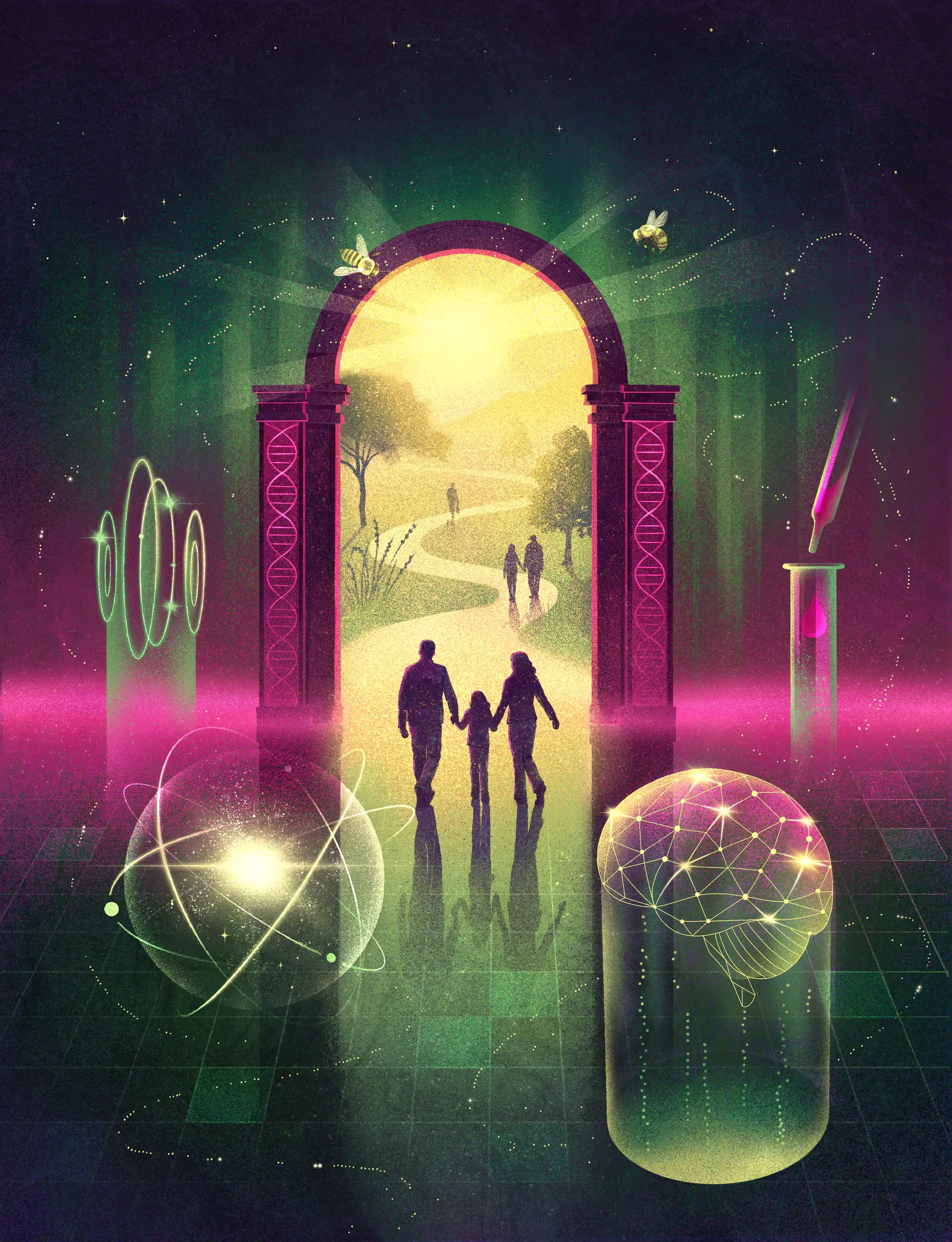 cover-illustration-for-weizmann-canada-family-walking-through-dna-archway-daria-lada.webp