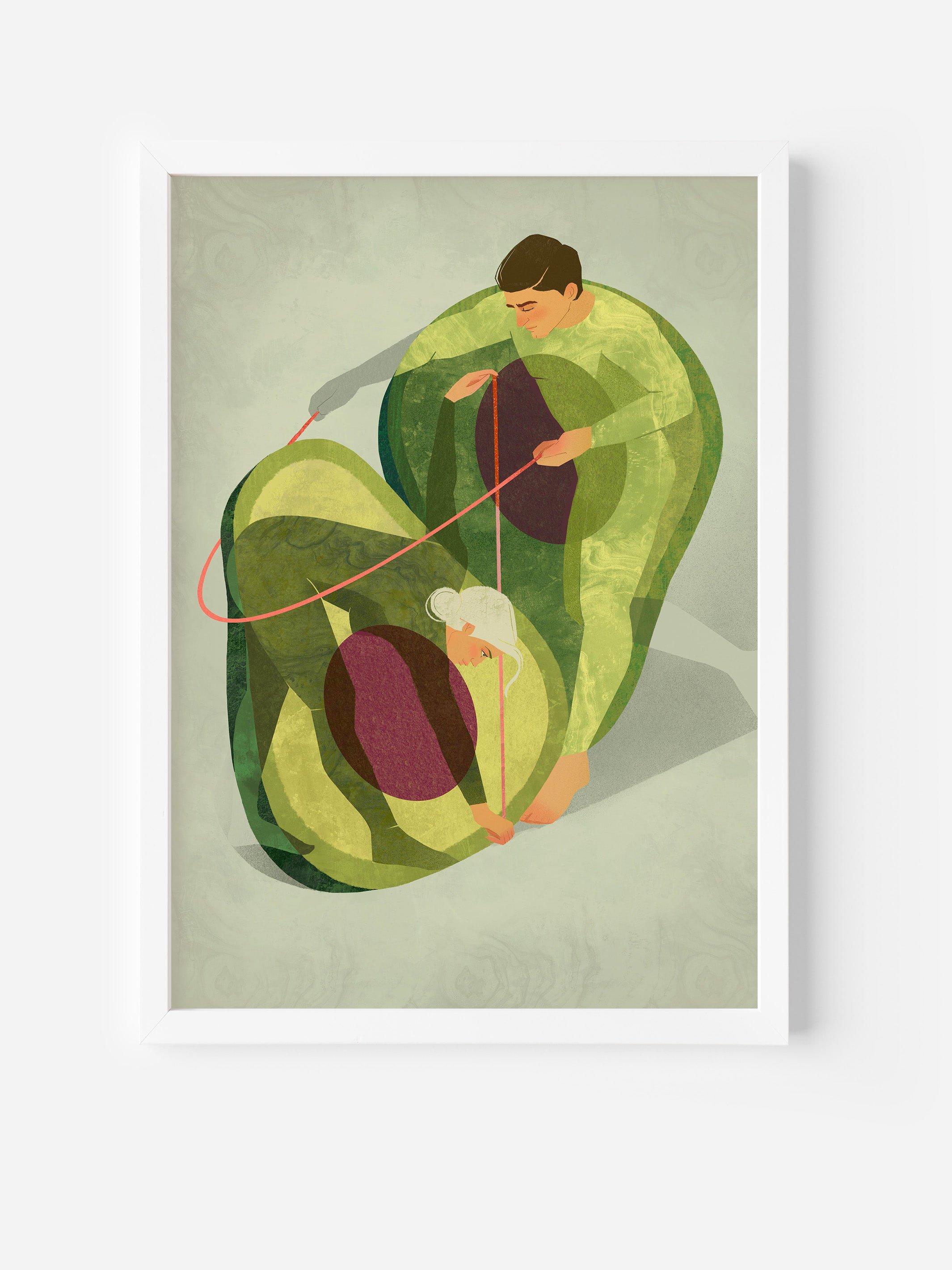 Framed art print of a surreal avocado illustration featuring two people inside avocado halves, symbolizing connection and love.