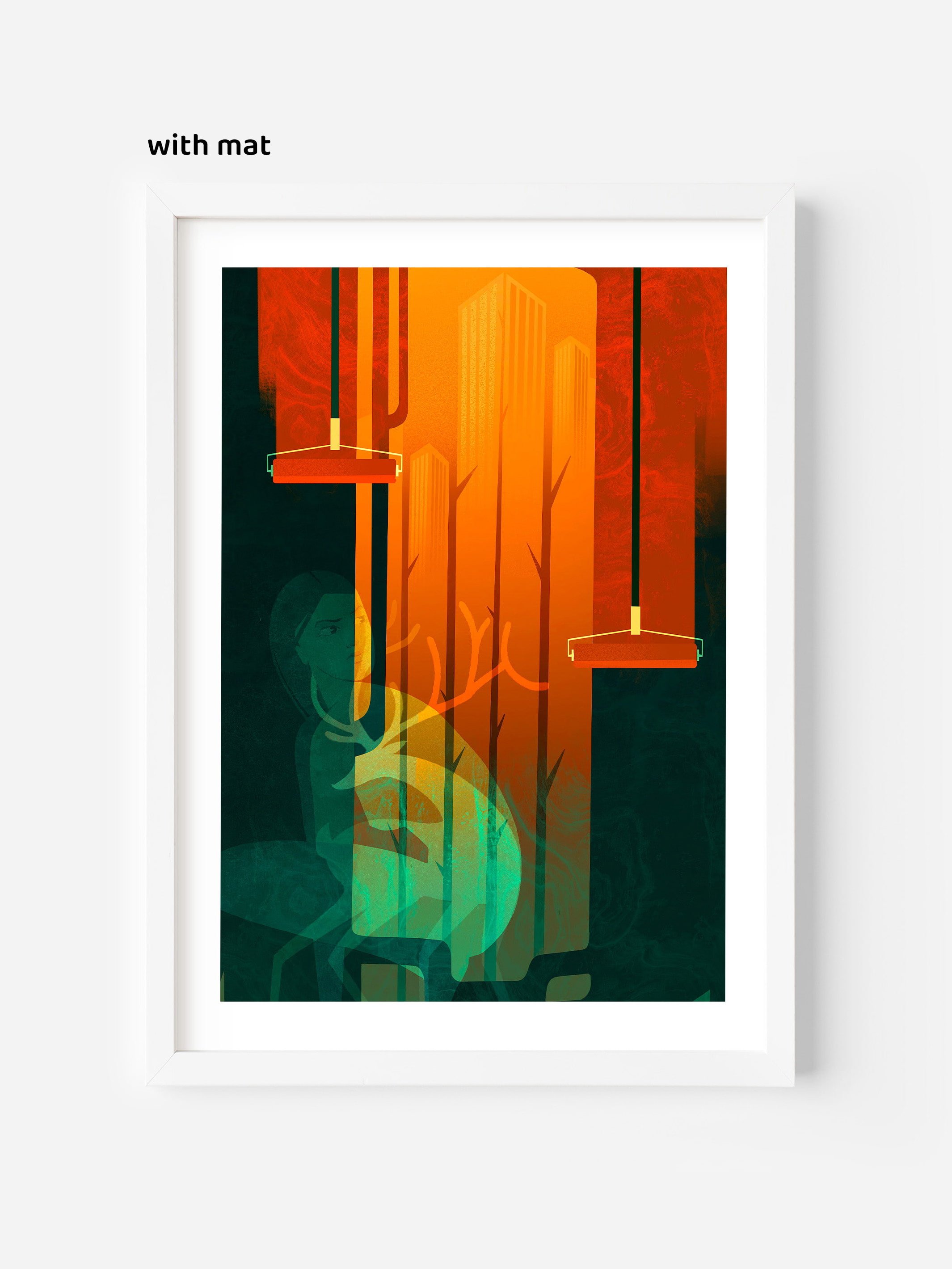 Emotional climate-themed poster wall art featuring a deer and young woman in a fading forest. Framed fine art print with white mat for modern home decor.