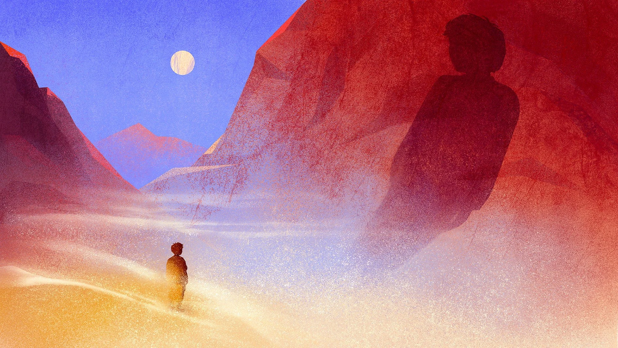 Editorial illustration depicting a child walking through a glowing desert landscape while facing a large shadowy adult silhouette on a mountain, symbolizing memory, identity, and the lasting influence of childhood experiences.