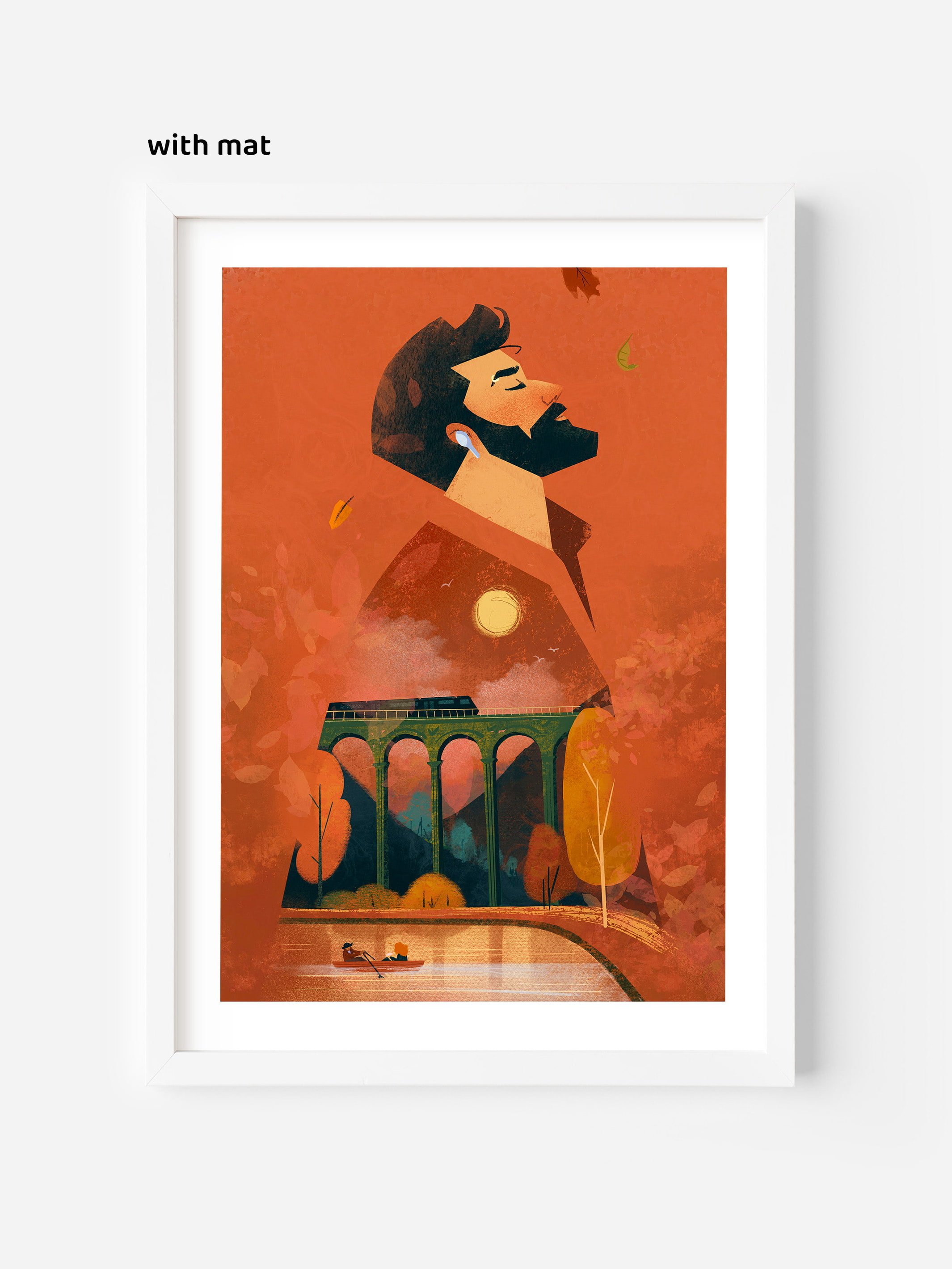 Framed poster with mat showcasing a surreal fall illustration of man in headphones.