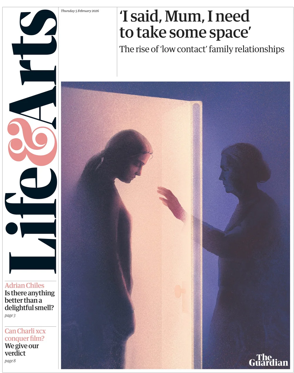 The Guardian Cover showing two female figures separated by a translucent door, symbolizing emotional distance and low-contact family relationships.