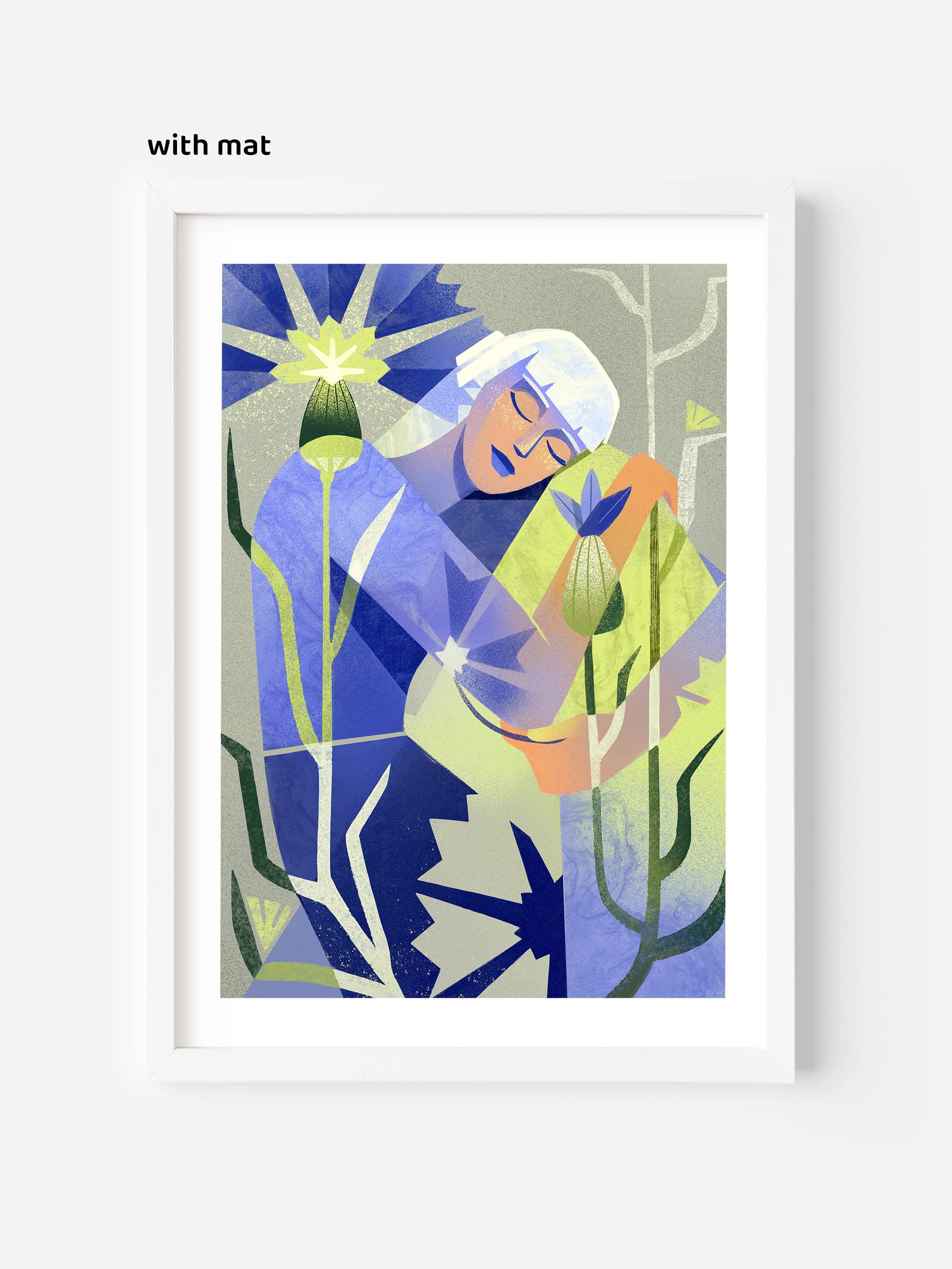 Interior design poster showing a serene woman resting among blue wildflowers. Conceptual art print on self-acceptance and the beauty of slowing down.