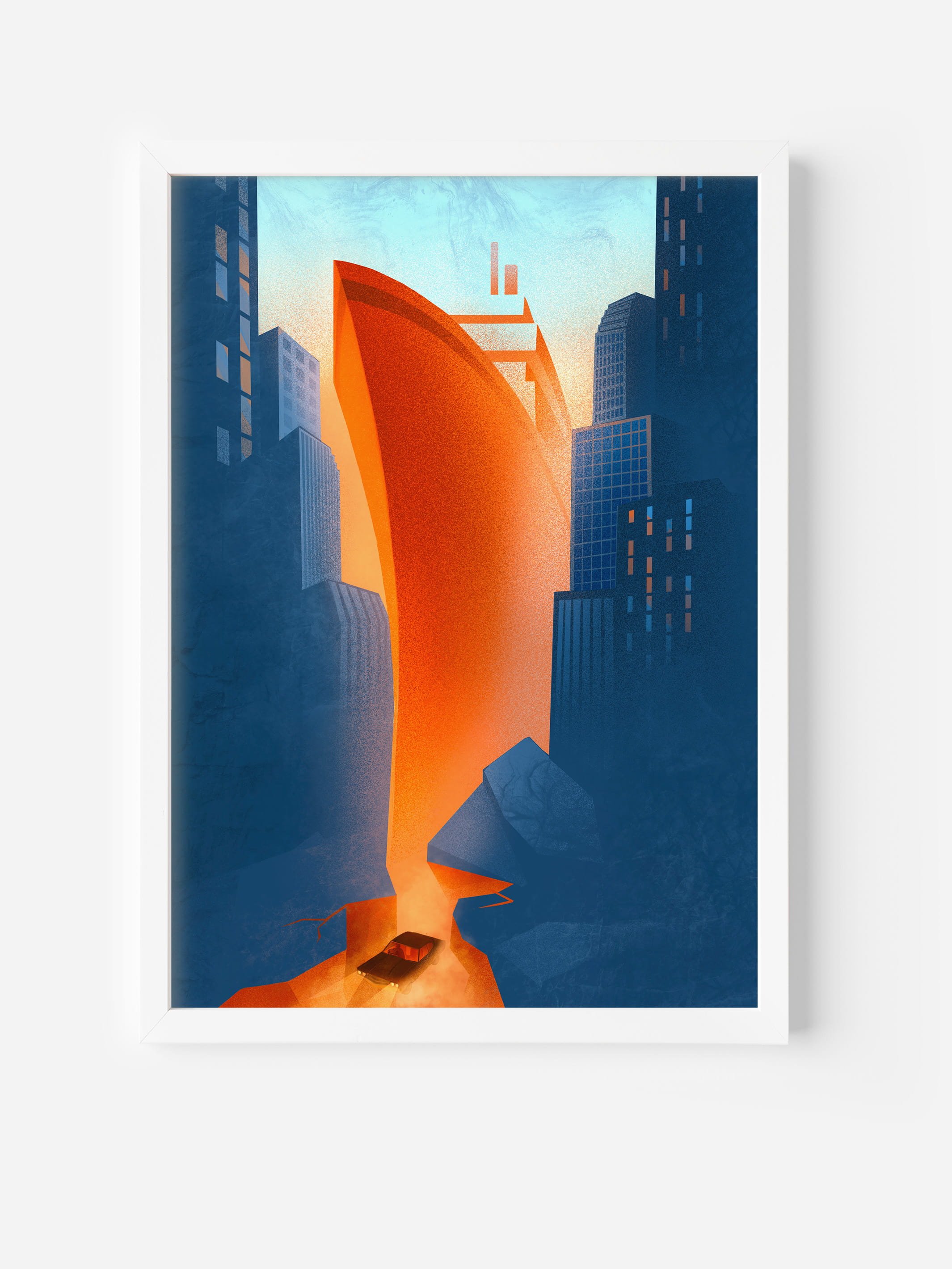 Framed art print titled "Ship of Change" showing a glowing orange ship form cutting through dark blue city skyscrapers — surreal urban illustration.