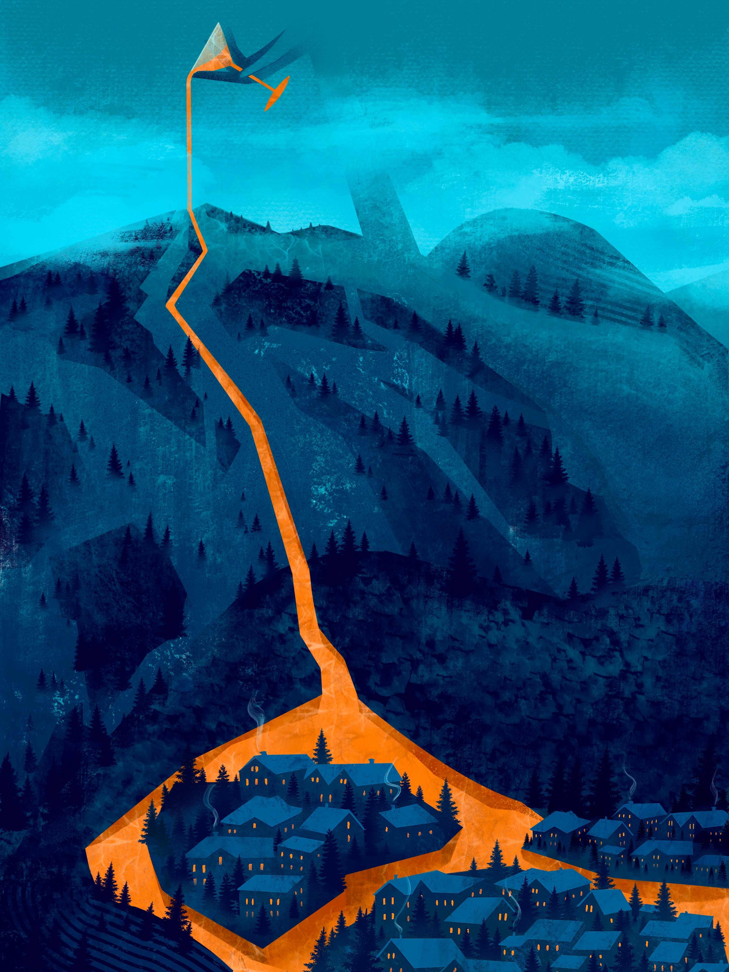 Unframed fine art poster of a surreal mountain scene with burning path. Conceptual wall art for climate storytelling and eco-conscious homes.