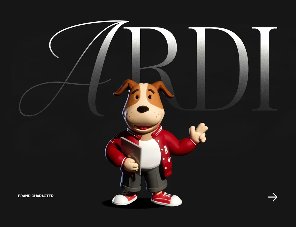 Brand mascot illustration depicting a friendly anthropomorphic dog character wearing a red jacket and holding a tablet, set against bold typography, symbolizing approachability, guidance, and modern brand personality.