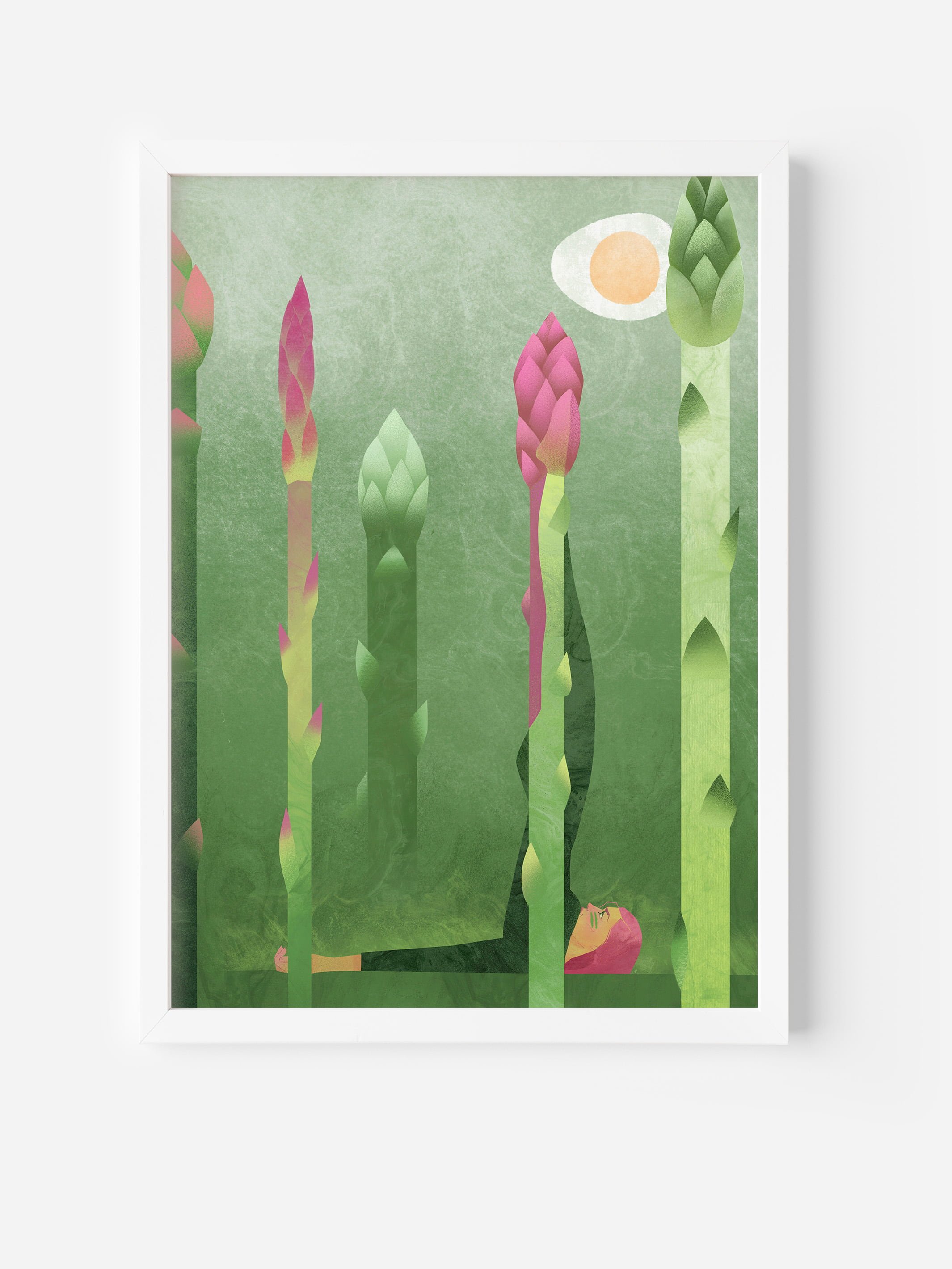 Surreal asparagus-inspired wall art in white frame, perfect for wellness decor or funny kitchen inspiration — woman in yoga pose among green sprouts.