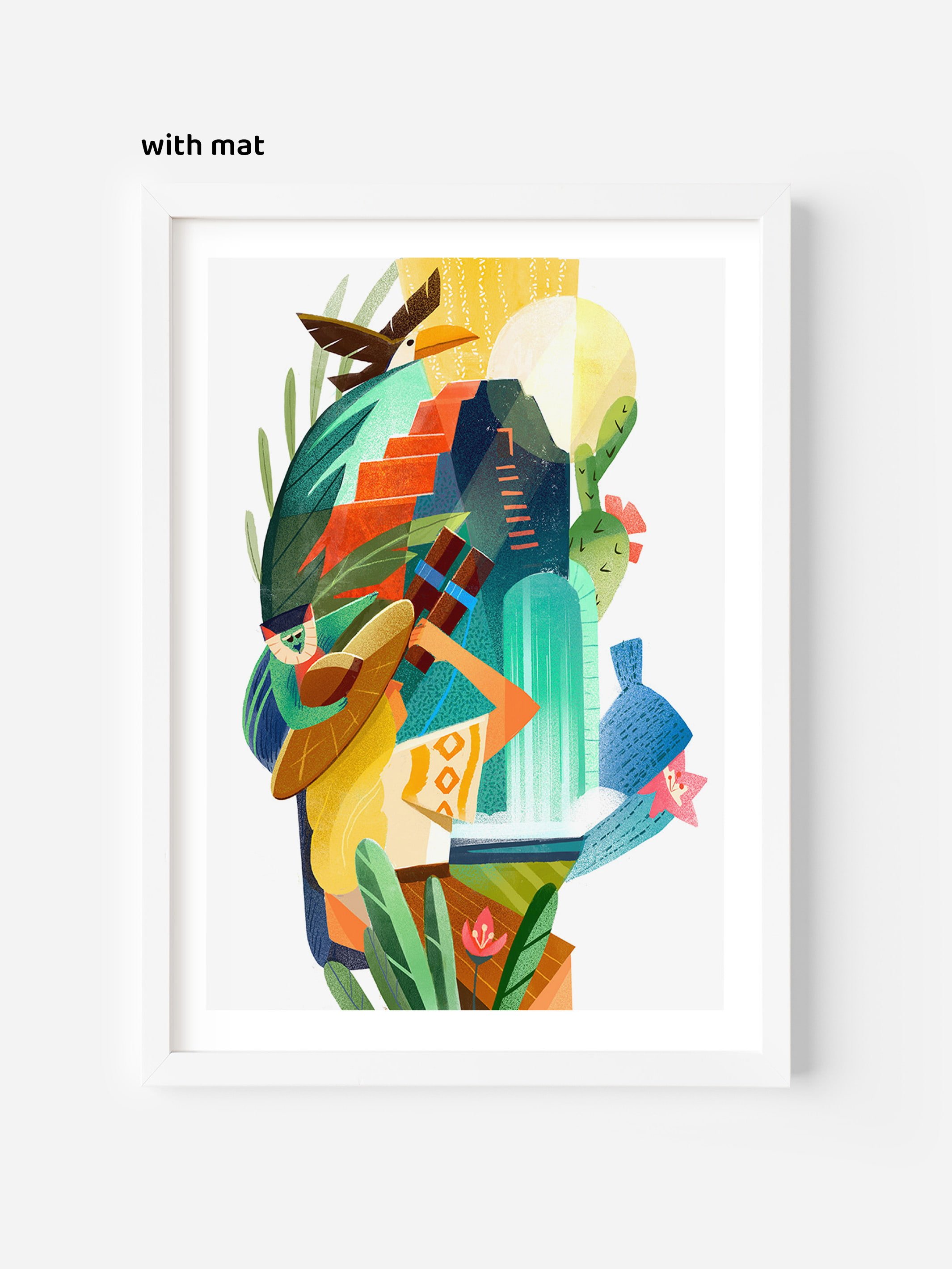 Colorful tropical poster with mat in white frame — editorial jungle illustration.