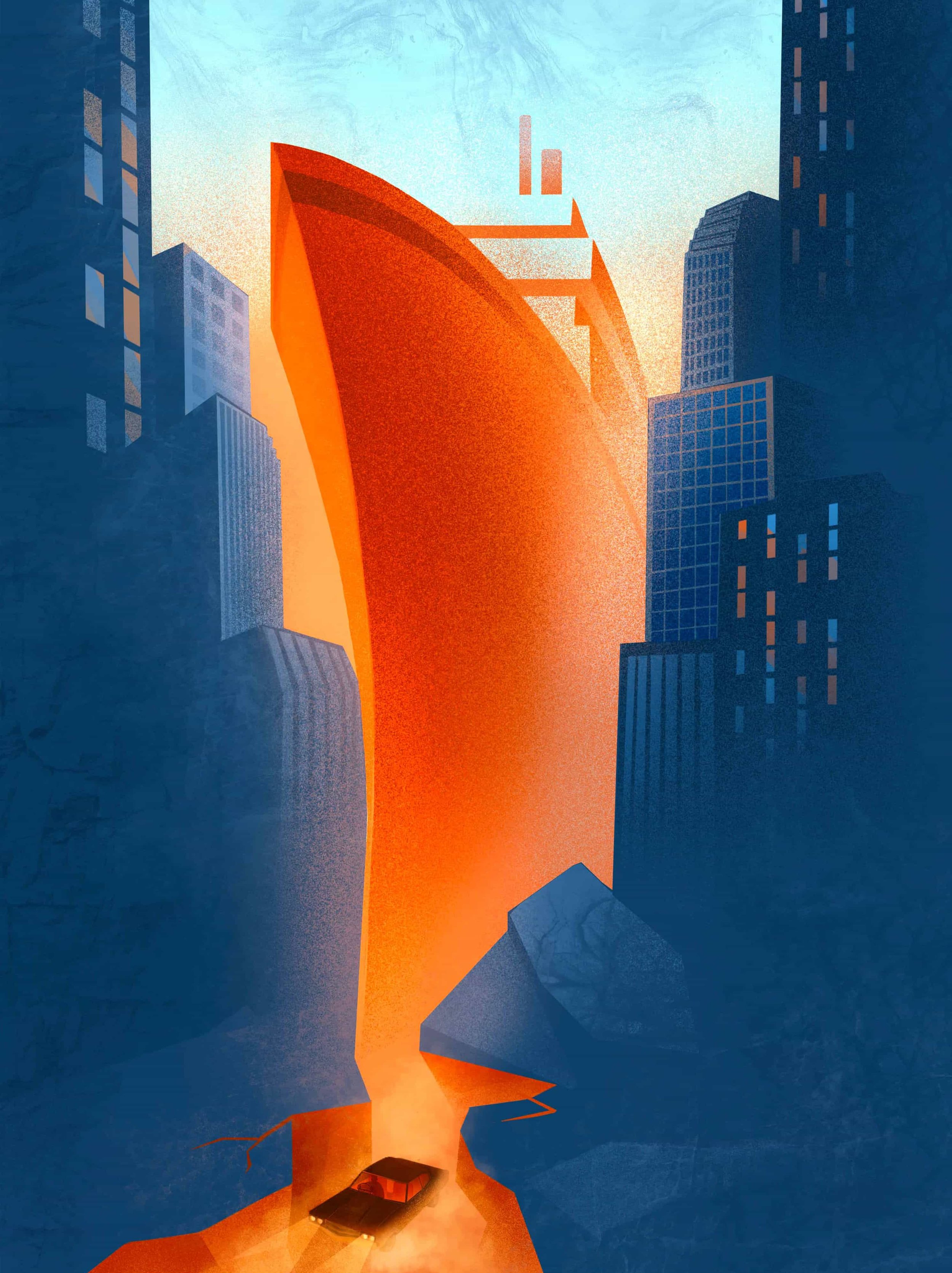 "Ship of Change" surreal poster — glowing orange ship shape sails through geometric blue skyscrapers, symbolizing transformation and lost worlds.