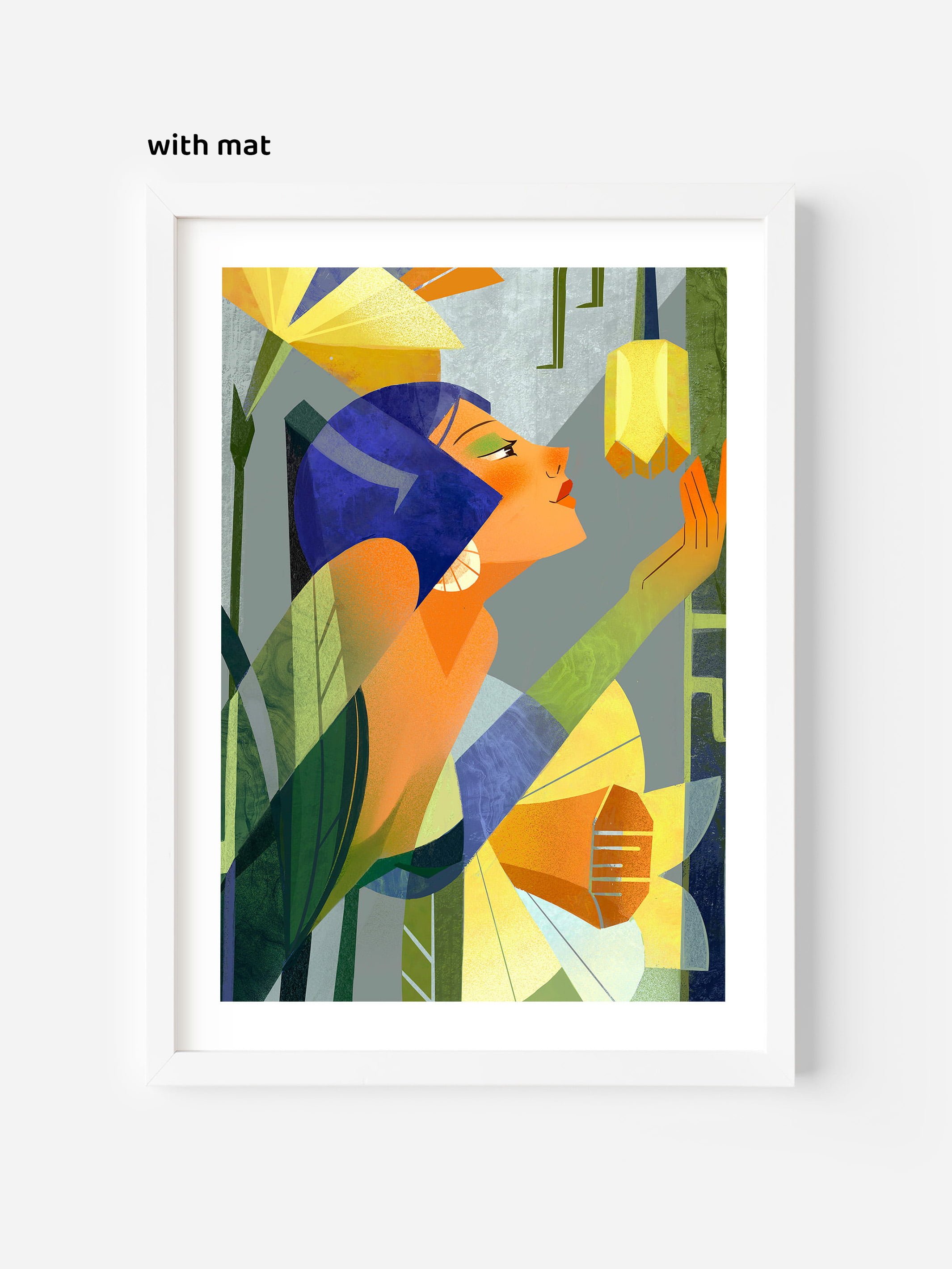 Editorial-style poster of a woman reaching for a yellow narcissus. Interior design wall art inspired by introspection, nature, and quiet presence.