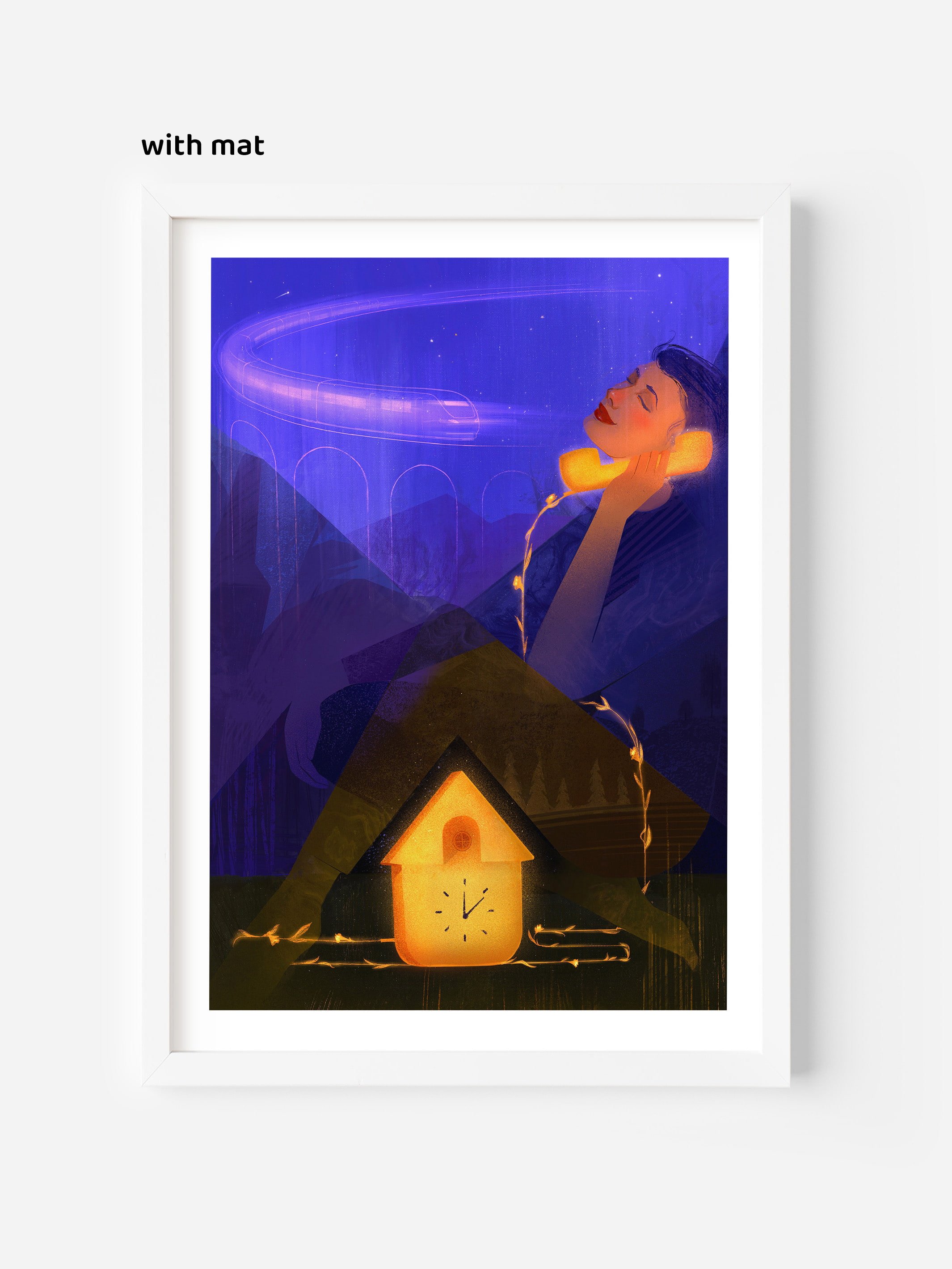 Framed fine art print with mat – dreamy editorial illustration of a night train scene and woman calling home, perfect wall art for modern interiors.