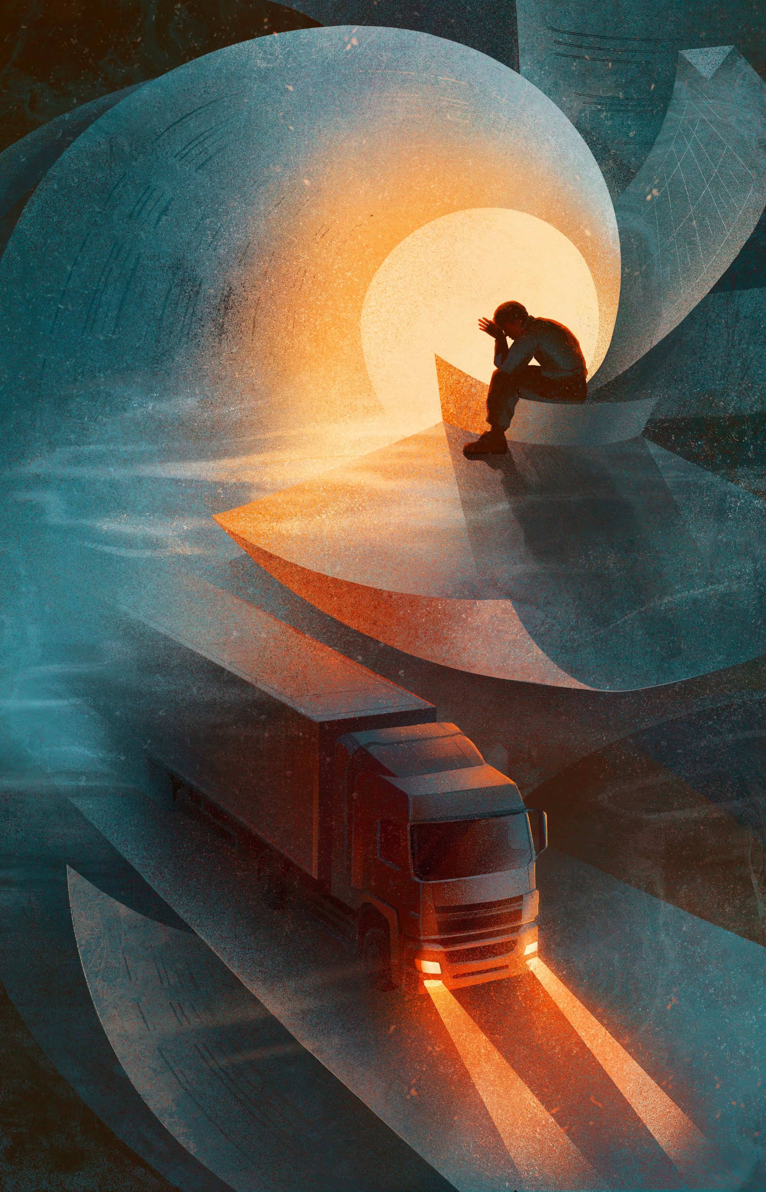 editorial-illustration-for-the-globe-and-mail-a-truck-driver-trapped-inside-swirling-paperwork-and-bureaucratic-systems-above-a-moving-semi-truck-daria-lada.jpg