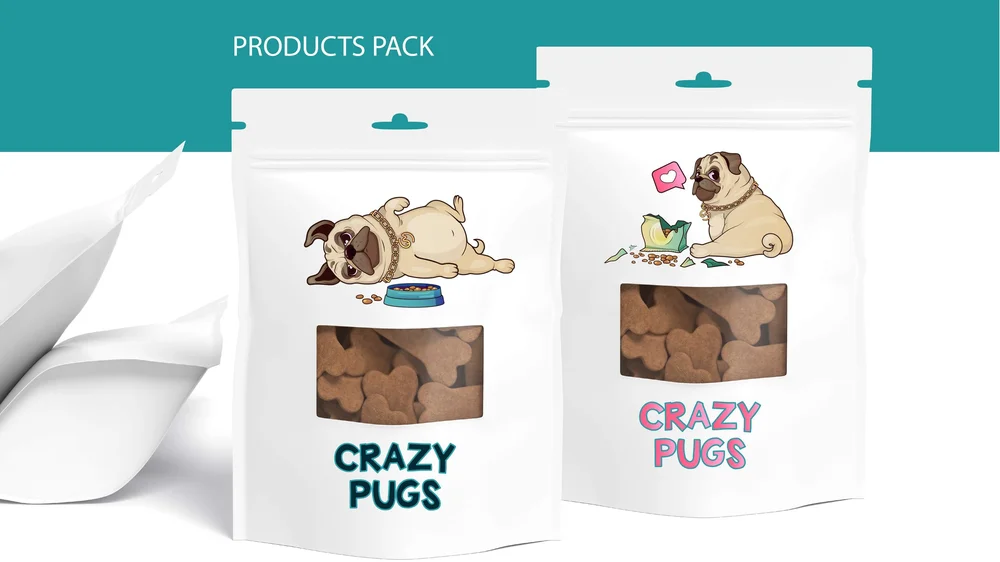 Brand illustration depicting pet food packaging with playful cartoon pug mascots on resealable pouches, showcasing a product pack design for a pet shop brand, symbolizing fun, care, and friendly pet nutrition.
