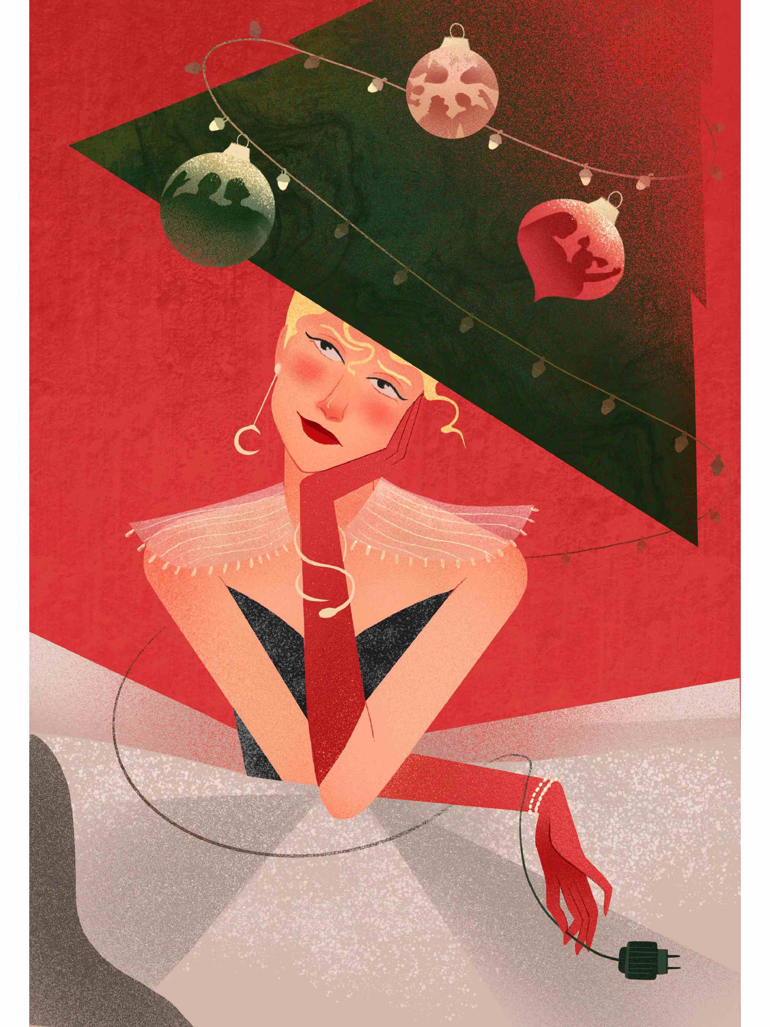 Unframed surreal Christmas art print – contemporary festive illustration with woman, unplugged string lights, and bold holiday colors.
