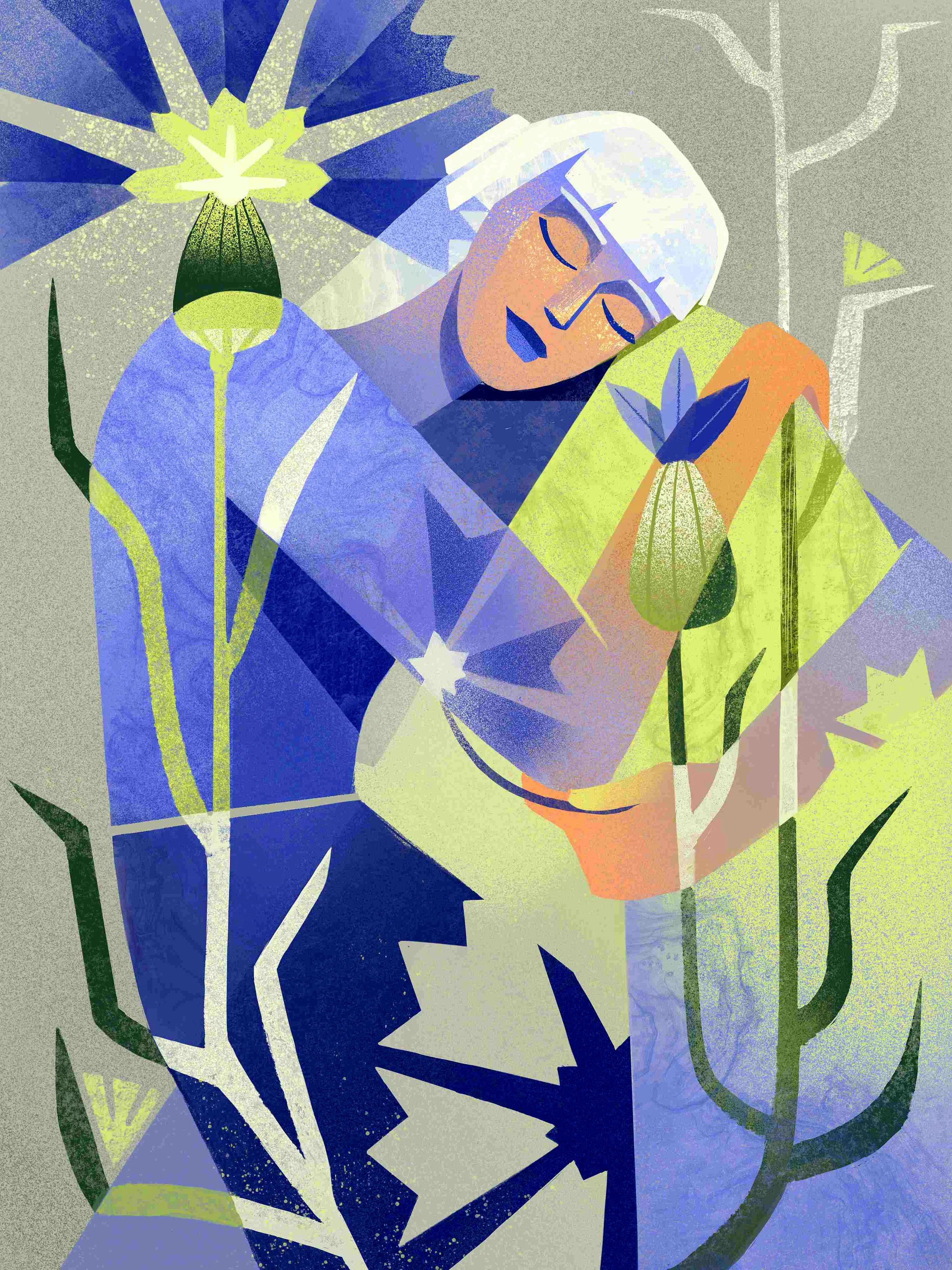 Conceptual illustration of a woman sleeping among flowers, featuring blue and green botanical elements.