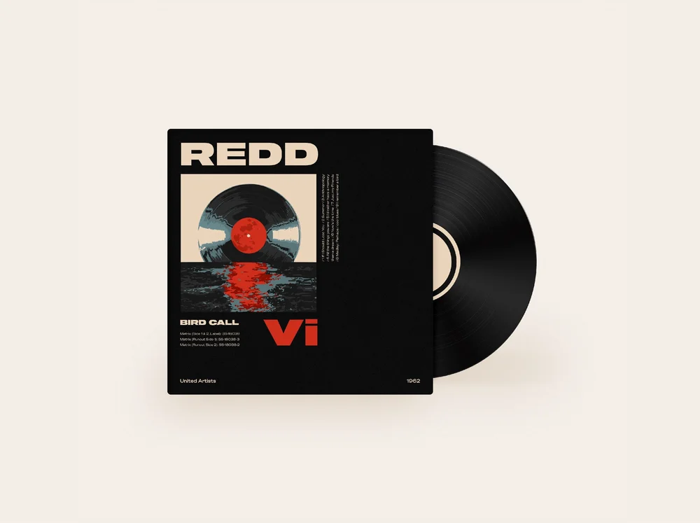 Brand illustration depicting a vinyl record album cover with minimalist typography and abstract artwork, paired with a black vinyl disc, symbolizing modern music branding, analog sound, and curated record design.