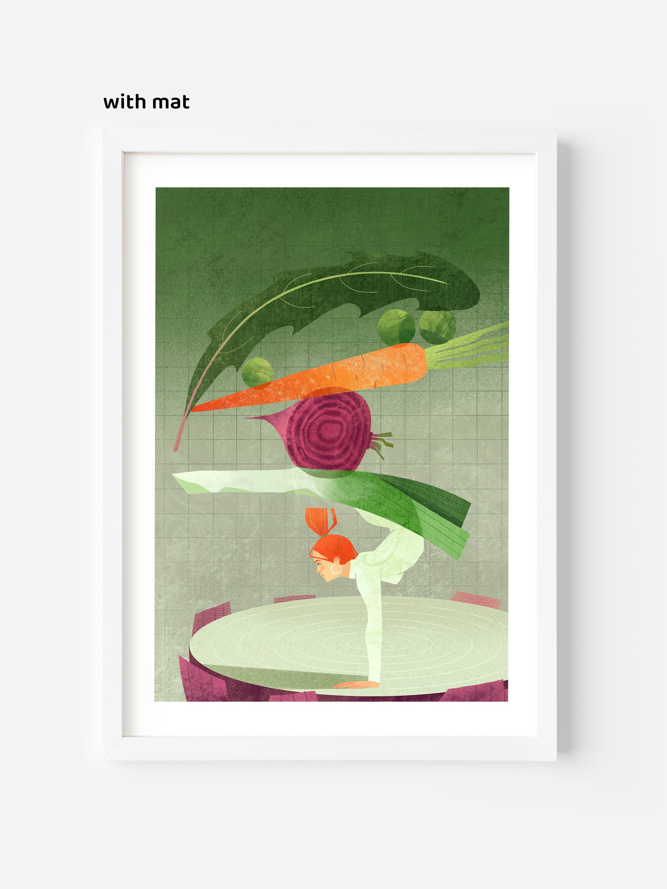 Fine art print with matboard – surreal fitness and nutrition illustration of diet balance for mindful kitchen or home gym.