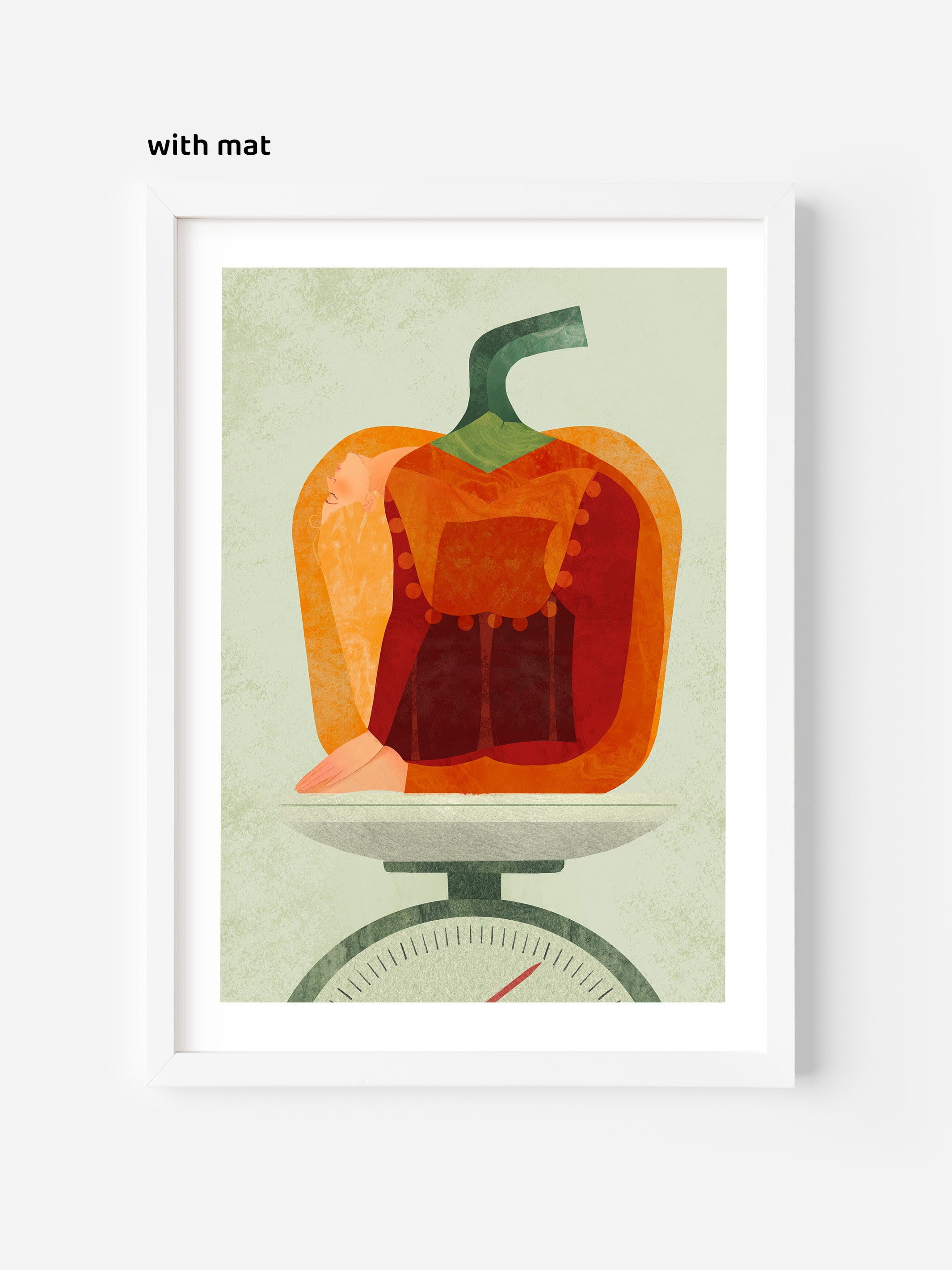 Wall art mockup with mat and frame featuring humorous spring wellness illustration.