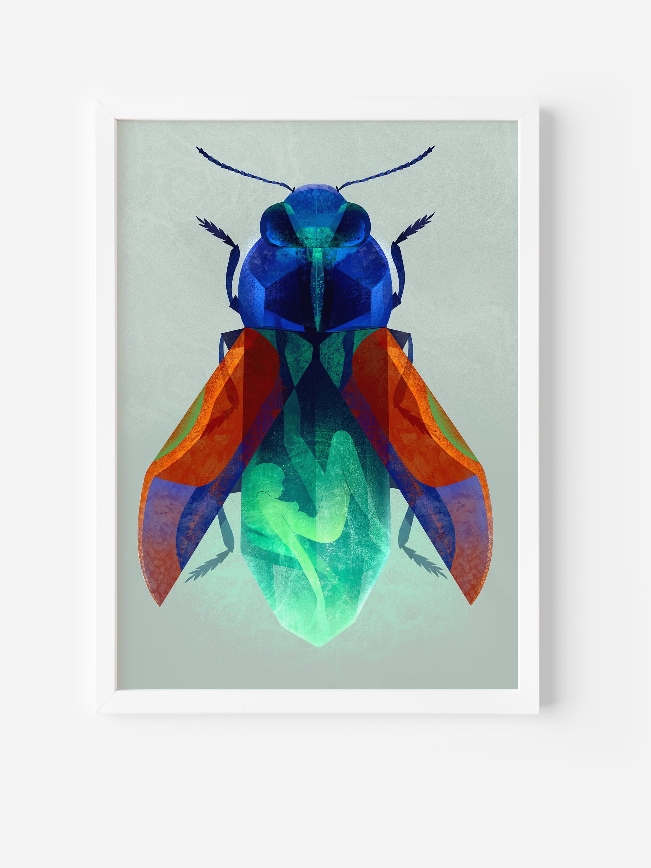 Fine art poster of a glowing beetle in frame – symbol of inner strength, growth, and transformation. Jewel-toned wall art for modern interiors.