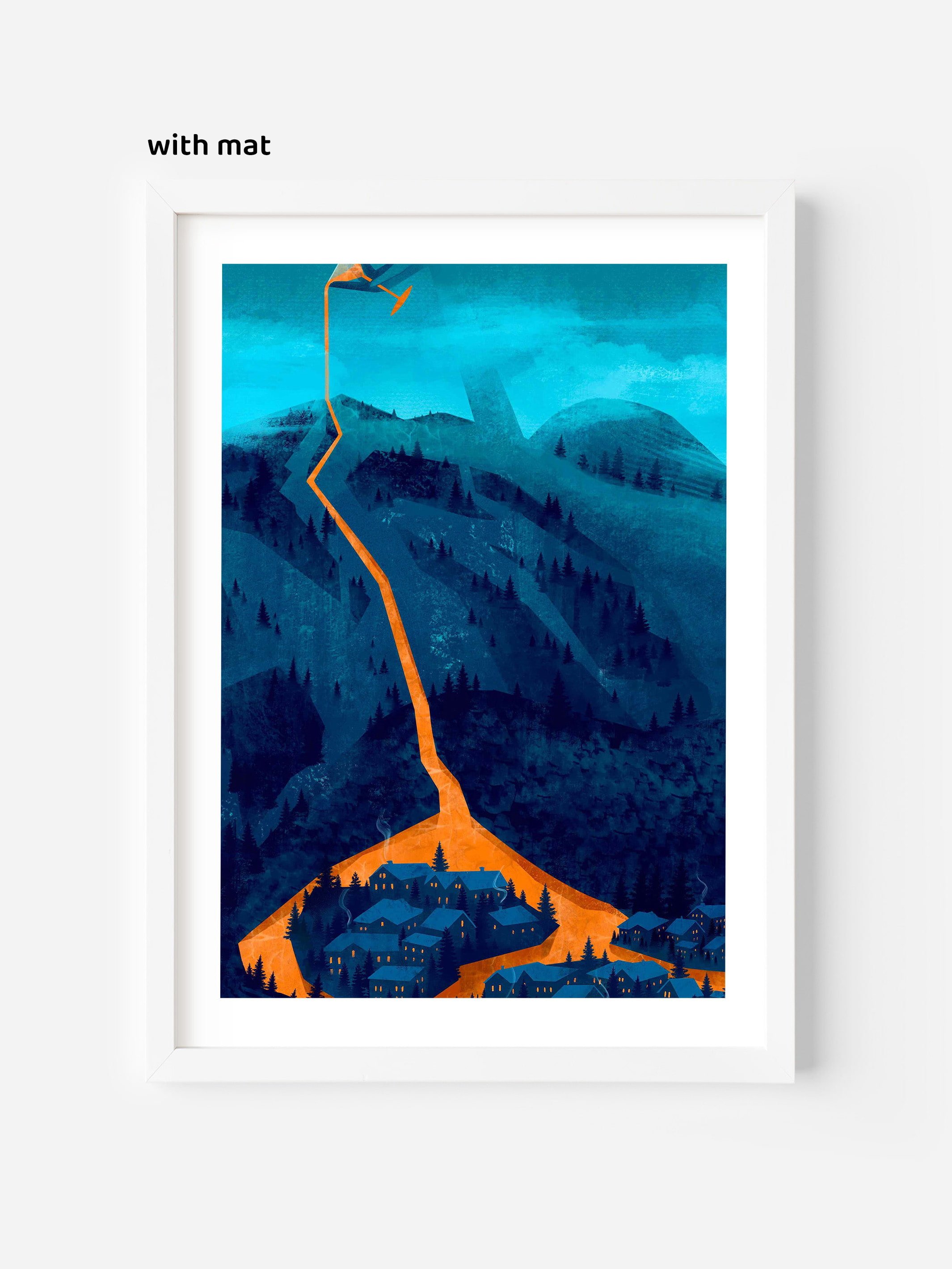 Editorial-style illustration of glowing lava trail through dark blue mountains and village. Framed poster wall art with mat for modern interior design.
