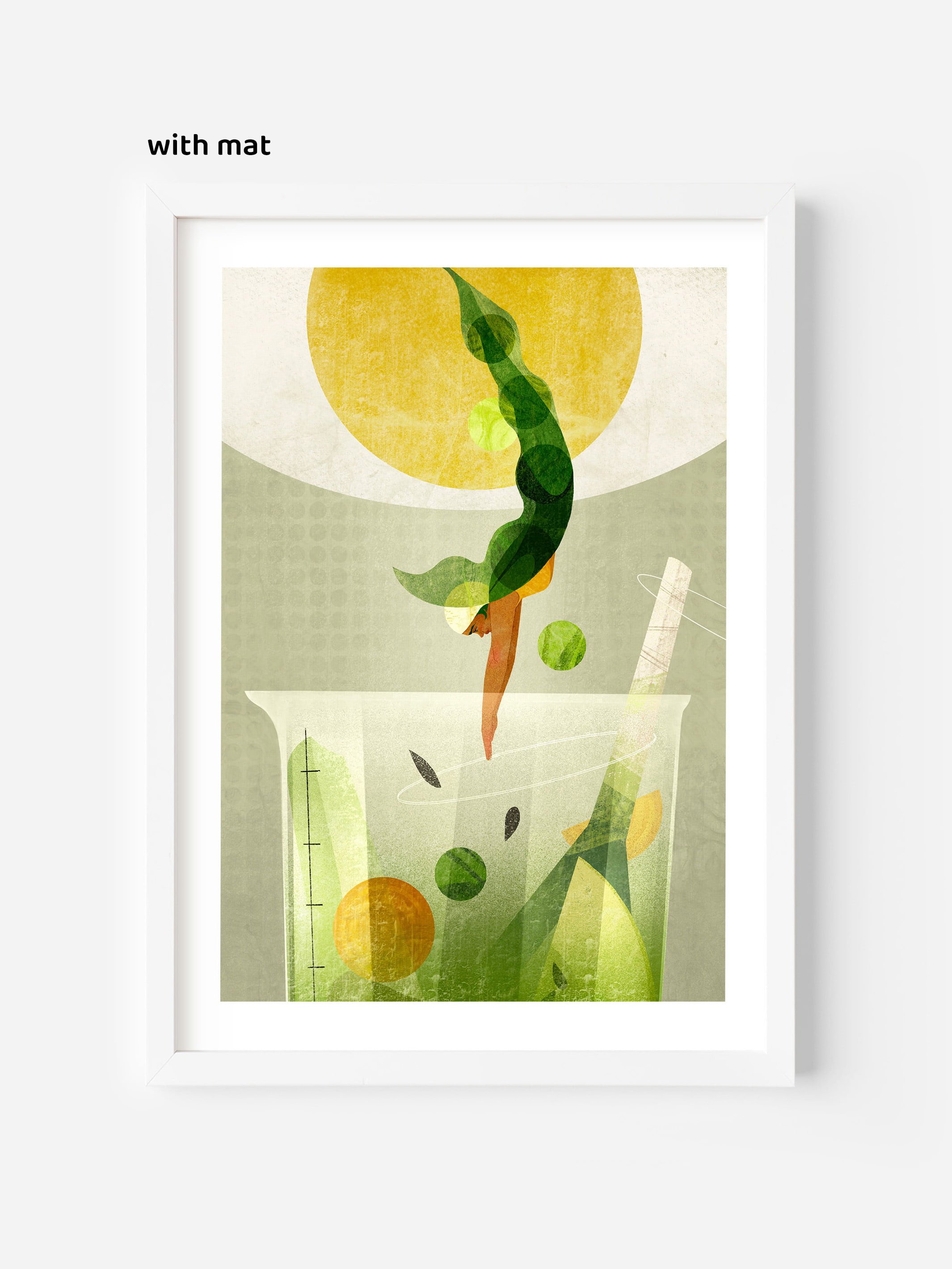Surreal smoothie-themed wall art in a white frame with passe-partout — ideal for self-care lovers, kitchens, yoga spaces, or wellness corners.