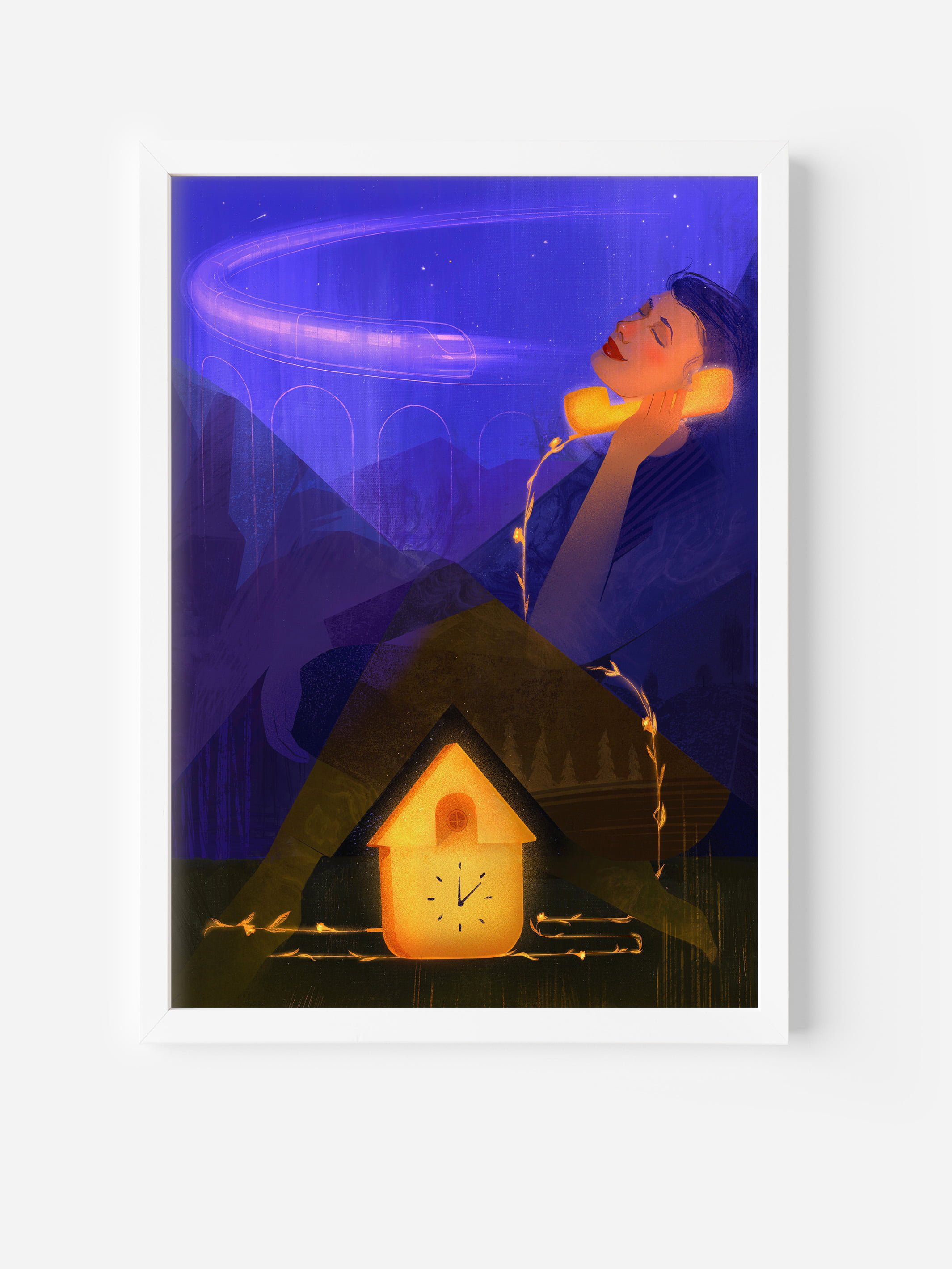 Fine art wall poster mockup – woman on a train with phone, surreal illustration of long-distance call and emotional connection, interior design wall art.
