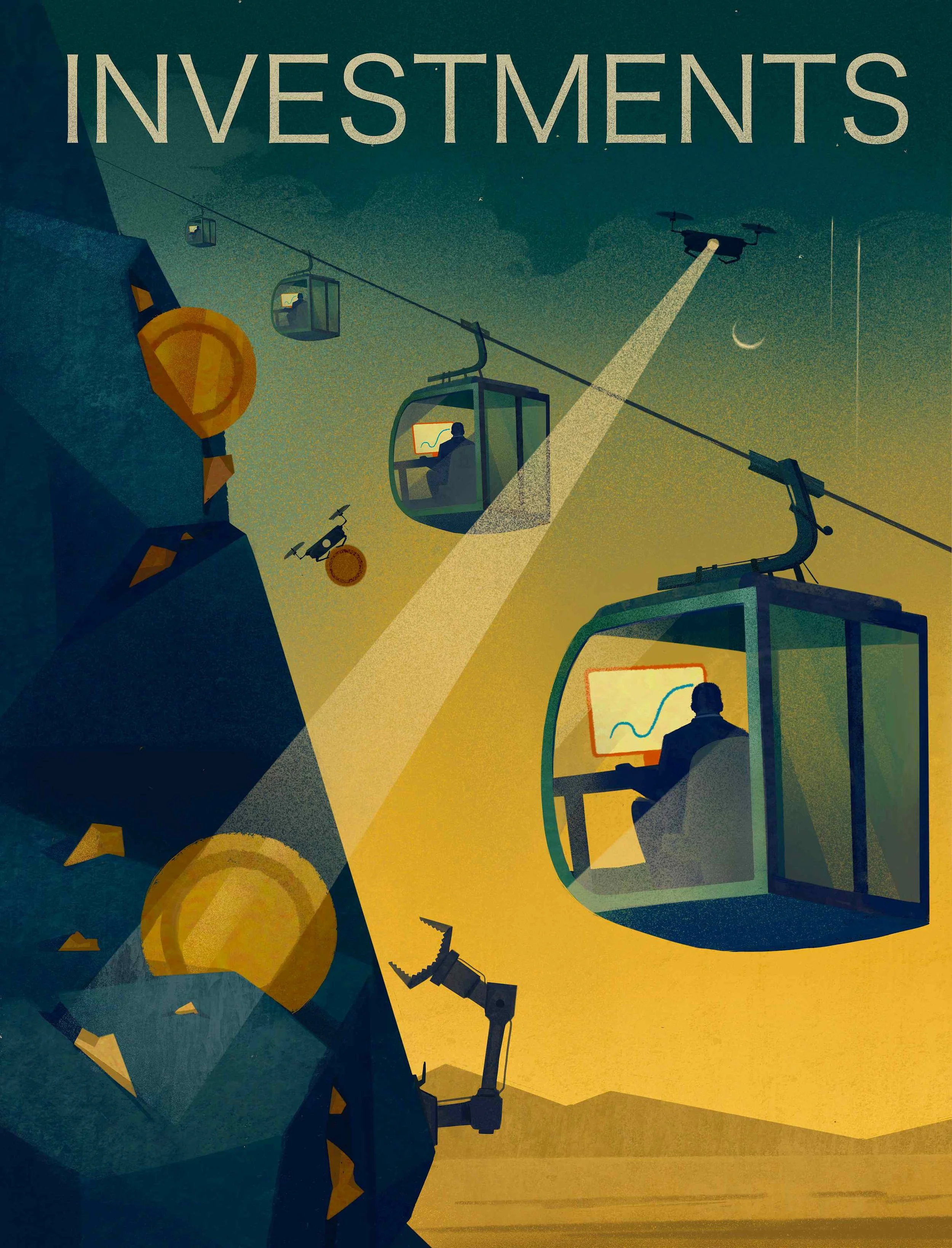 Magazine cover illustration depicting investors working inside cable car cabins suspended over a rocky landscape with embedded coins, charts, drones, and surveillance lights, symbolizing modern investments, risk, and financial strategy.
