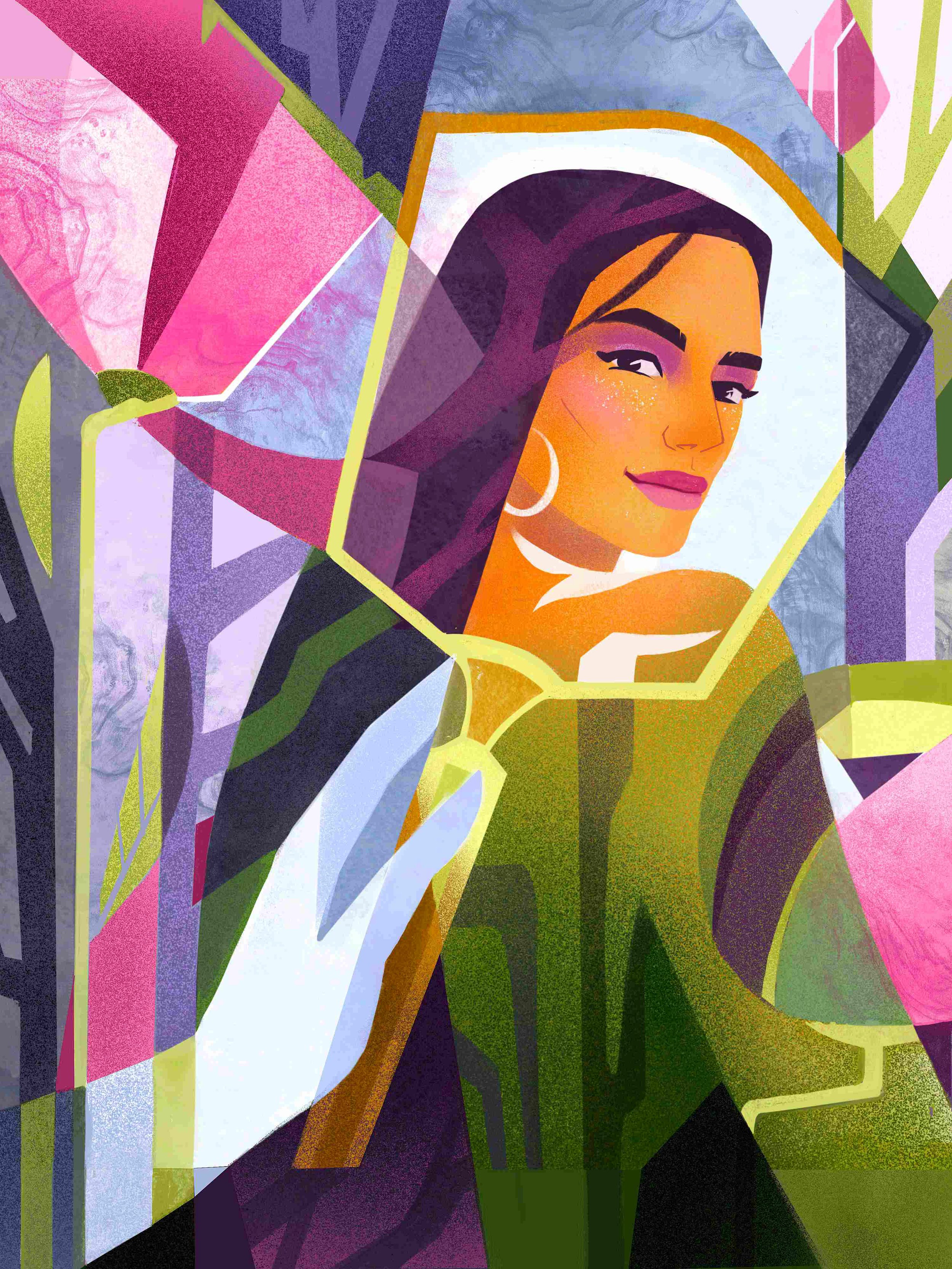Unframed poster of a surreal female portrait with mirror and flowers — vibrant wall art about self-reflection and blooming confidence.