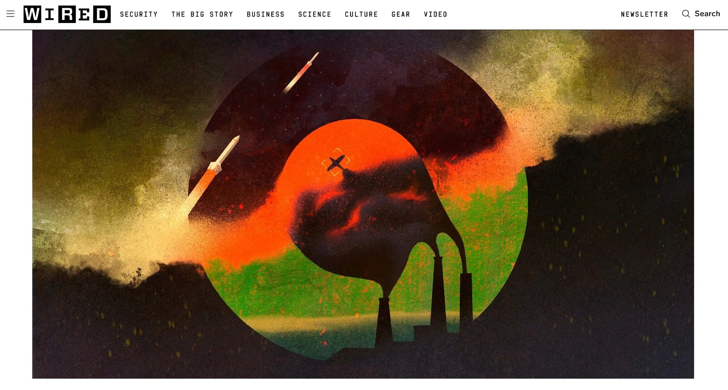 Editorial illustration for Wired Middle East of a nuclear power plant under missile attack, symbolizing the environmental consequences of war and threats to critical infrastructure.