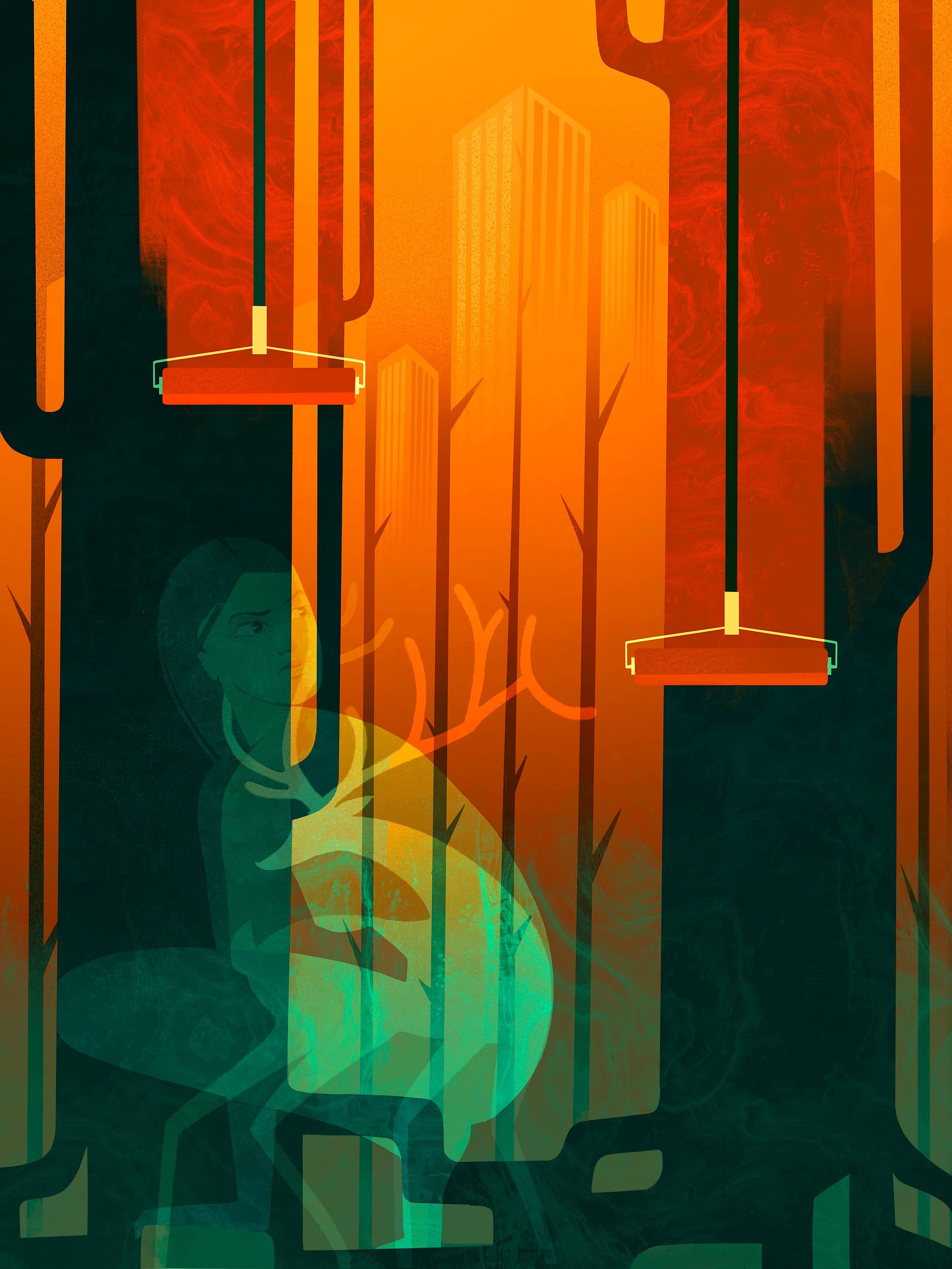 Unframed editorial illustration for social awareness campaigns — surreal deer and girl in a burned forest. Eco-conscious fine art wall poster.