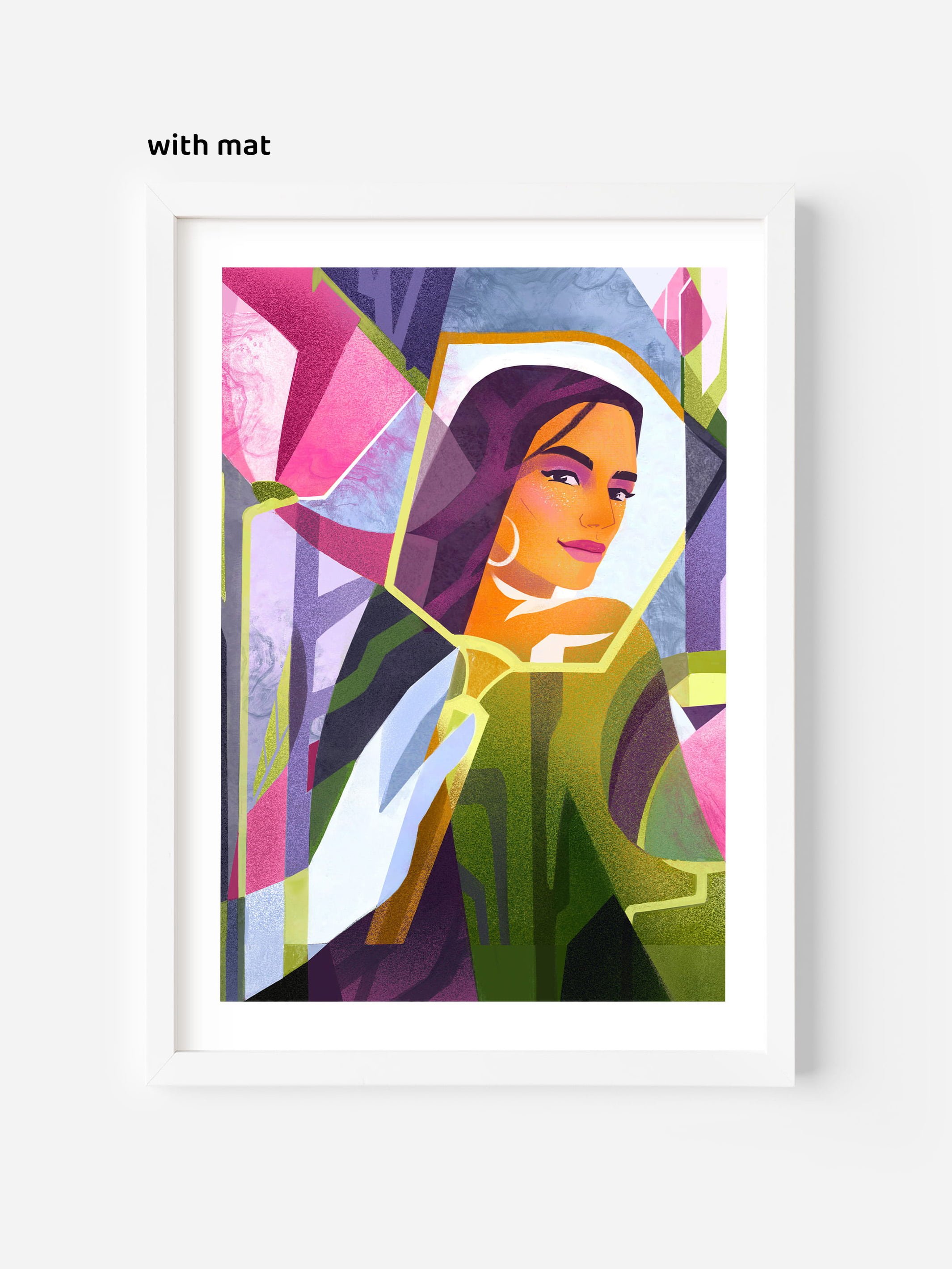 Fine art print with mat board showing a woman reflected in a mirror with blooming florals — empowering wall poster for stylish home interiors.