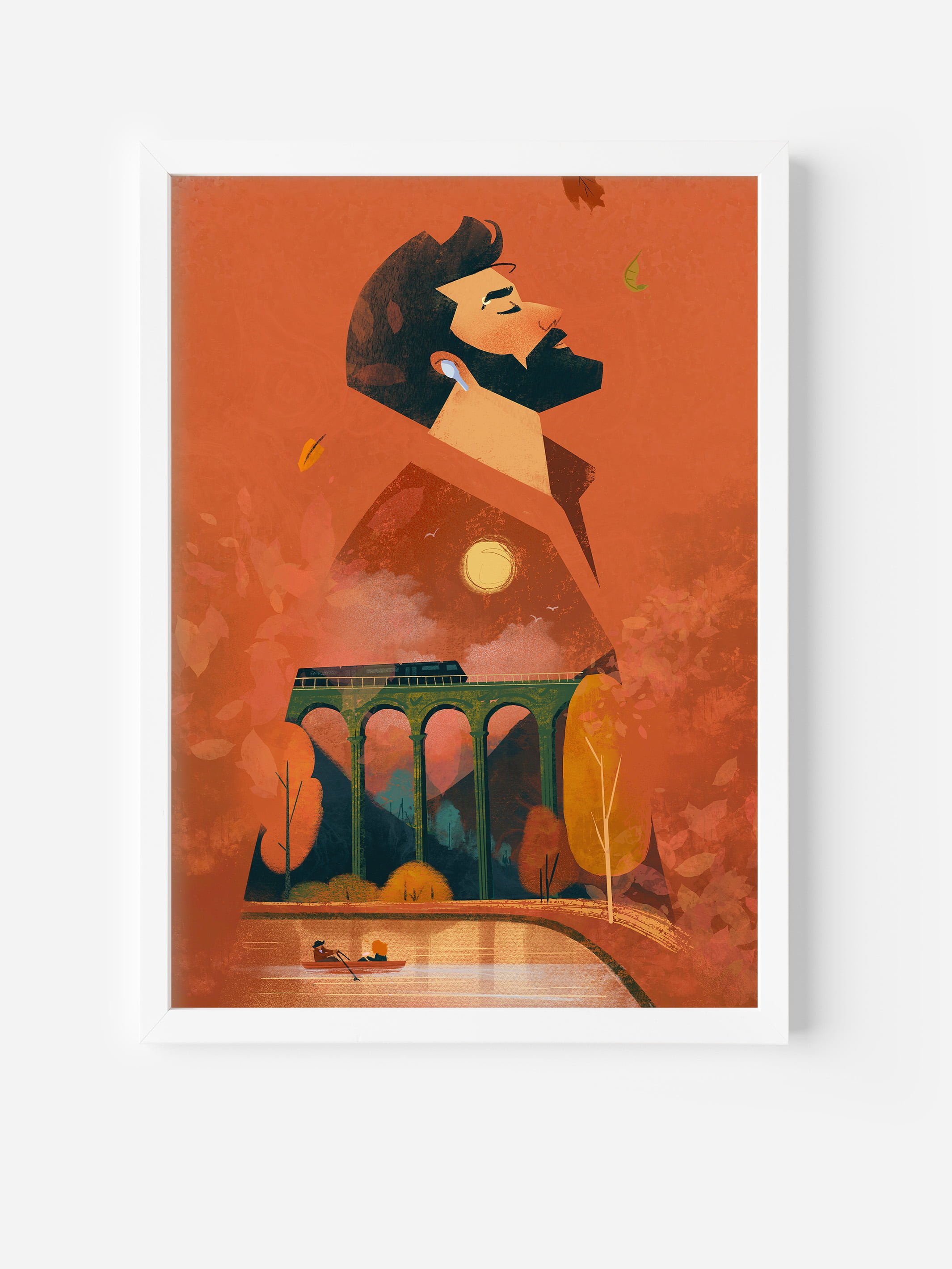 Mockup of framed autumn wall art poster with man listening to music.