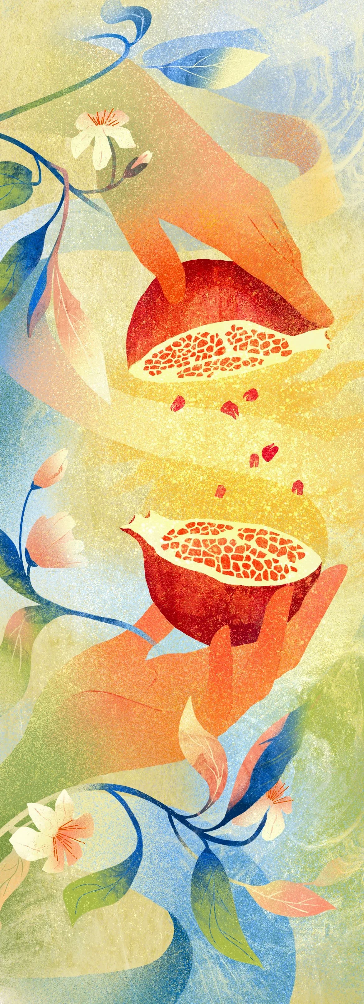 editorial-illustration-for-adventist-review-two-hands-sharing-a-pomegranate-with-falling-seeds-and-floral-vines-daria-lada.jpg