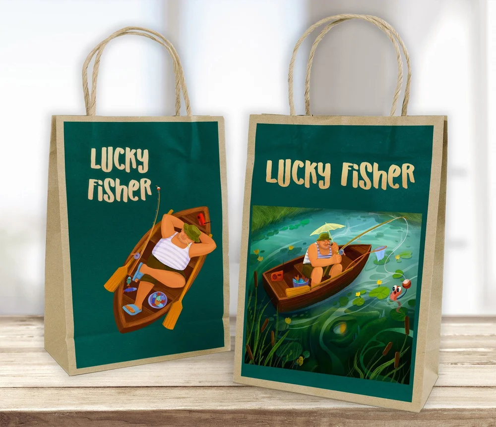 Brand illustration depicting eco-friendly paper shopping bags with “Lucky Fisher” artwork, showing a relaxed fisherman in a boat on calm water, symbolizing leisure, nature, and handcrafted brand storytelling.