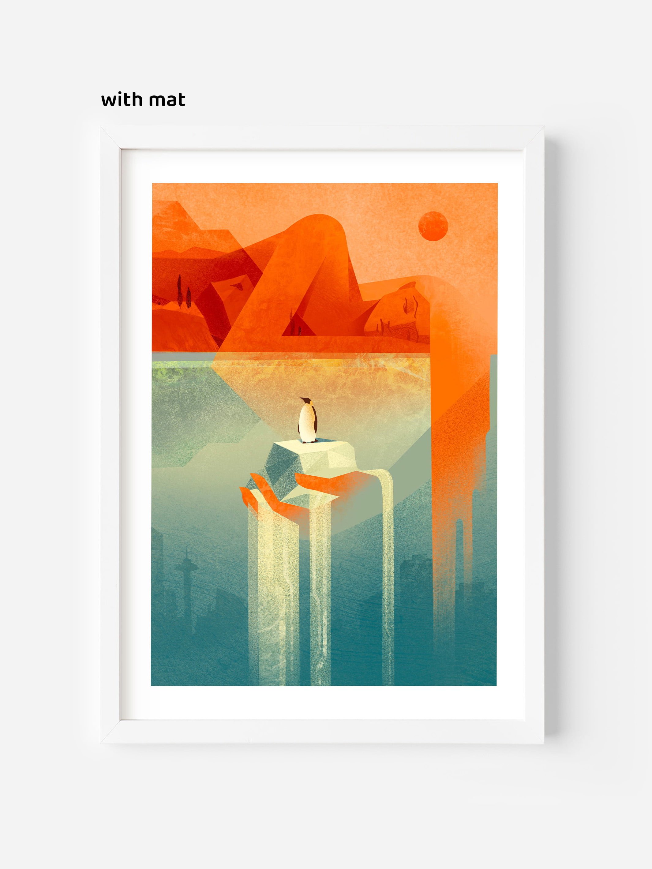 Interior design poster with white mat featuring a surreal illustration of a penguin on fragile ice. Fine art wall print for eco-conscious and sustainable decor.