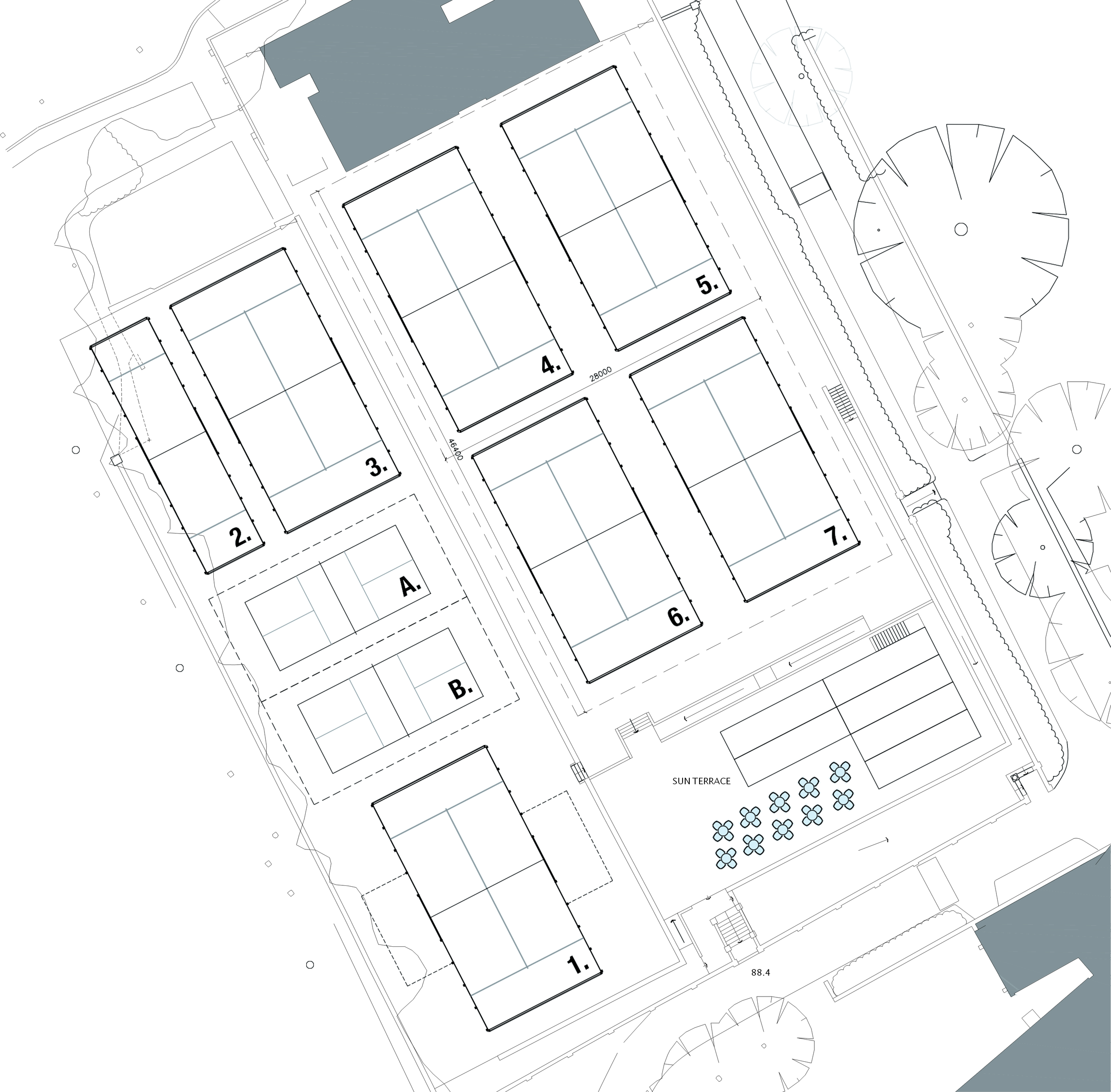 Architectural blueprint of a tennis court layout with multiple courts, surrounding trees, and seating areas.