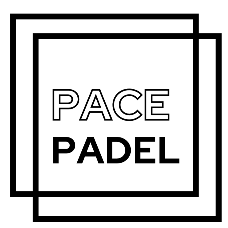Stylized sign with the words "PACE PADEL" inside overlapping squares, using black text and lines against a white background.
