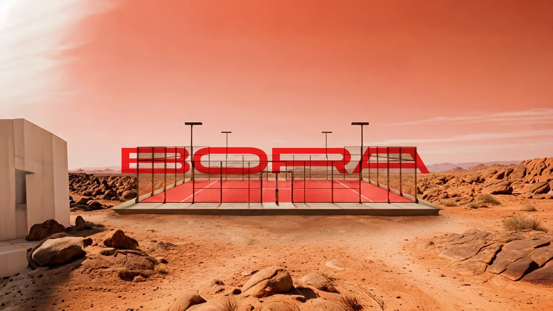 A tennis court in a desert landscape with a pink and orange sky, next to a modern white building.