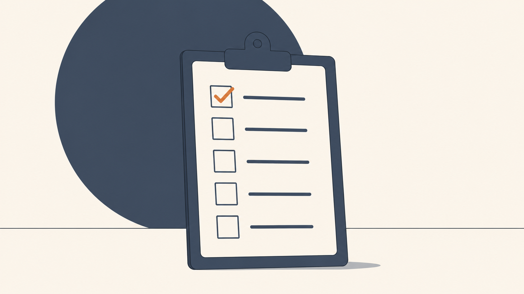 Flat illustration of a clipboard holding a five-row checklist with one item checked off.