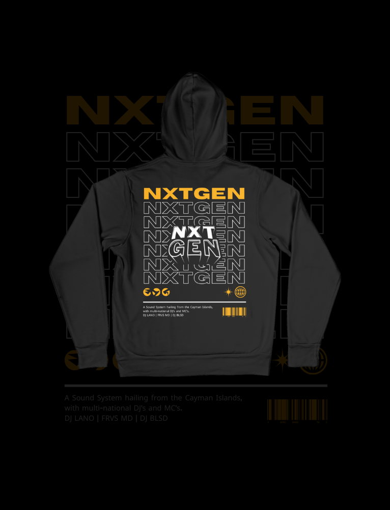 Black hoodie with orange and white text and symbols, featuring the word 'NXTGEN' repeated multiple times and the phrase 'A Sound System hailing from the Cayman Islands, with multi-national DJs and MCs.'