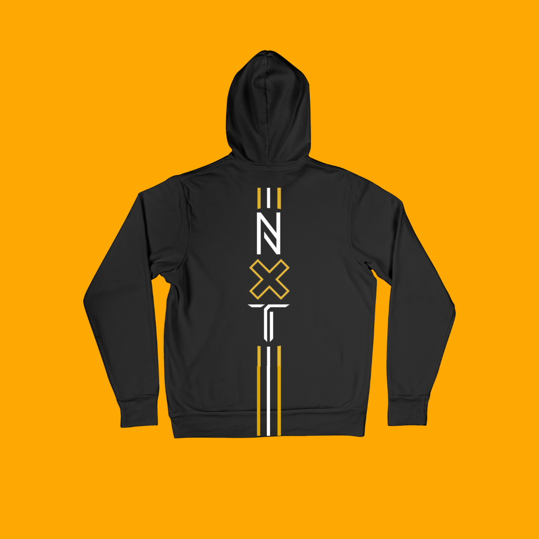 Black hoodie with vertical white and yellow lines and letters spelling 'NXT' on the back, displayed on a yellow background.