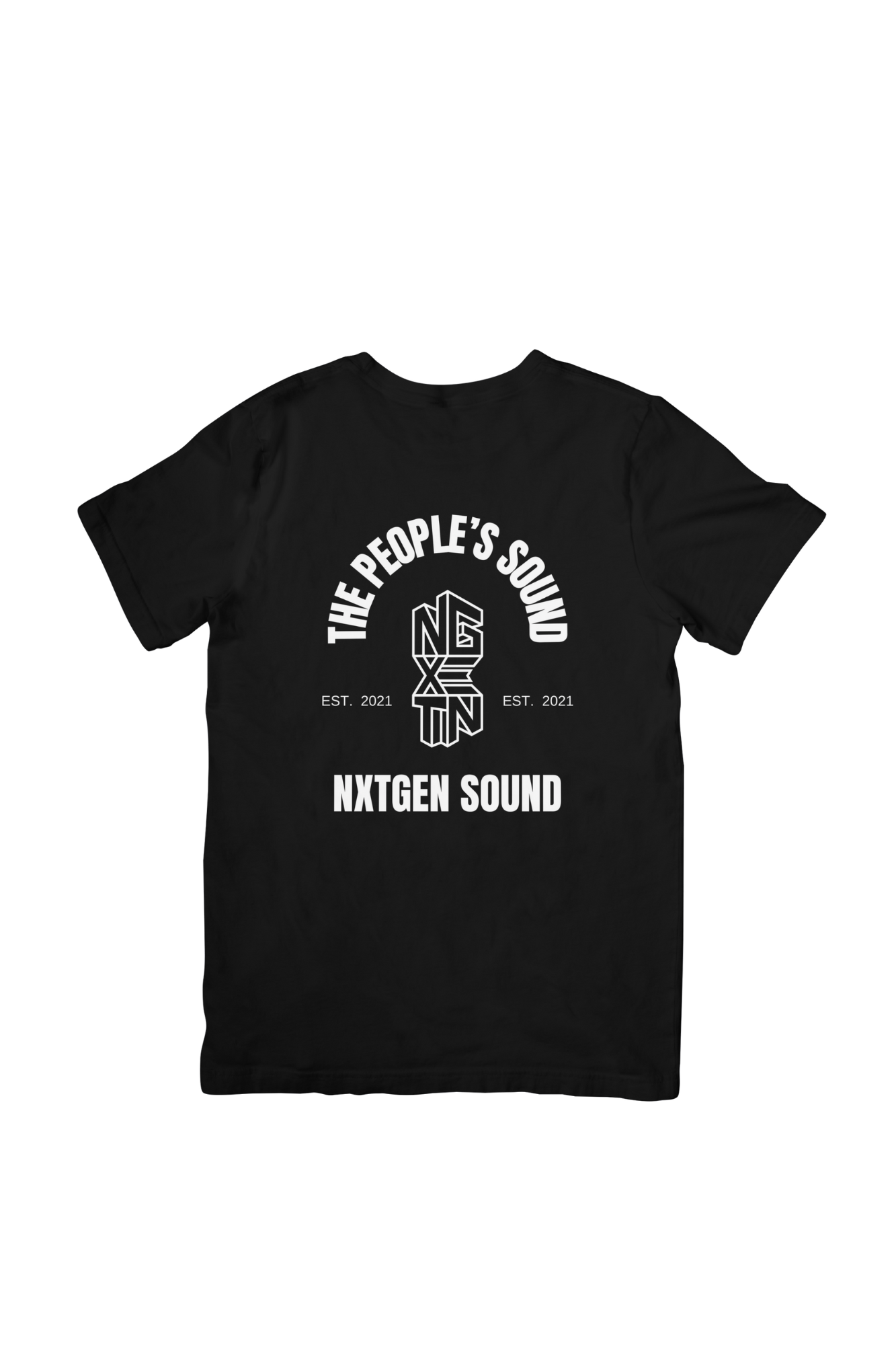 Black T-shirt with white text and graphics promoting NXTGEN SOUND, established in 2021, with the phrase 'The People's Sound' and a stylized 3D logo in the center.