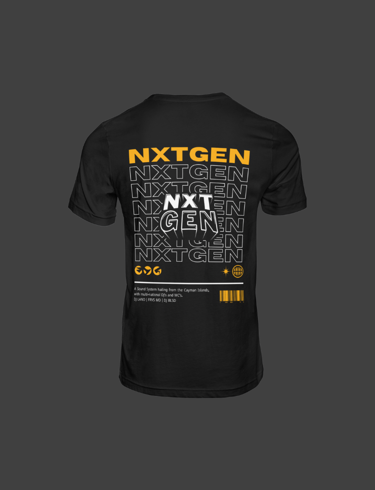 Back of a black T-shirt with yellow, white, and black text and graphics, featuring the words 'NXTGEN' and 3D styled letters 'NXT GEN' with various symbols and a barcode.