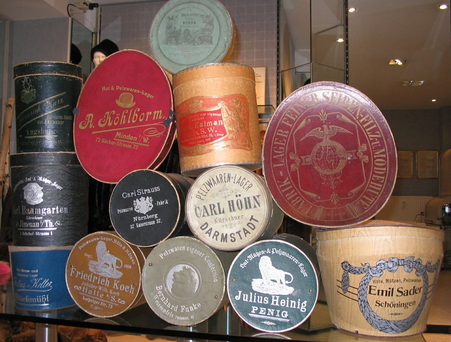 Colorful vintage round boxes.