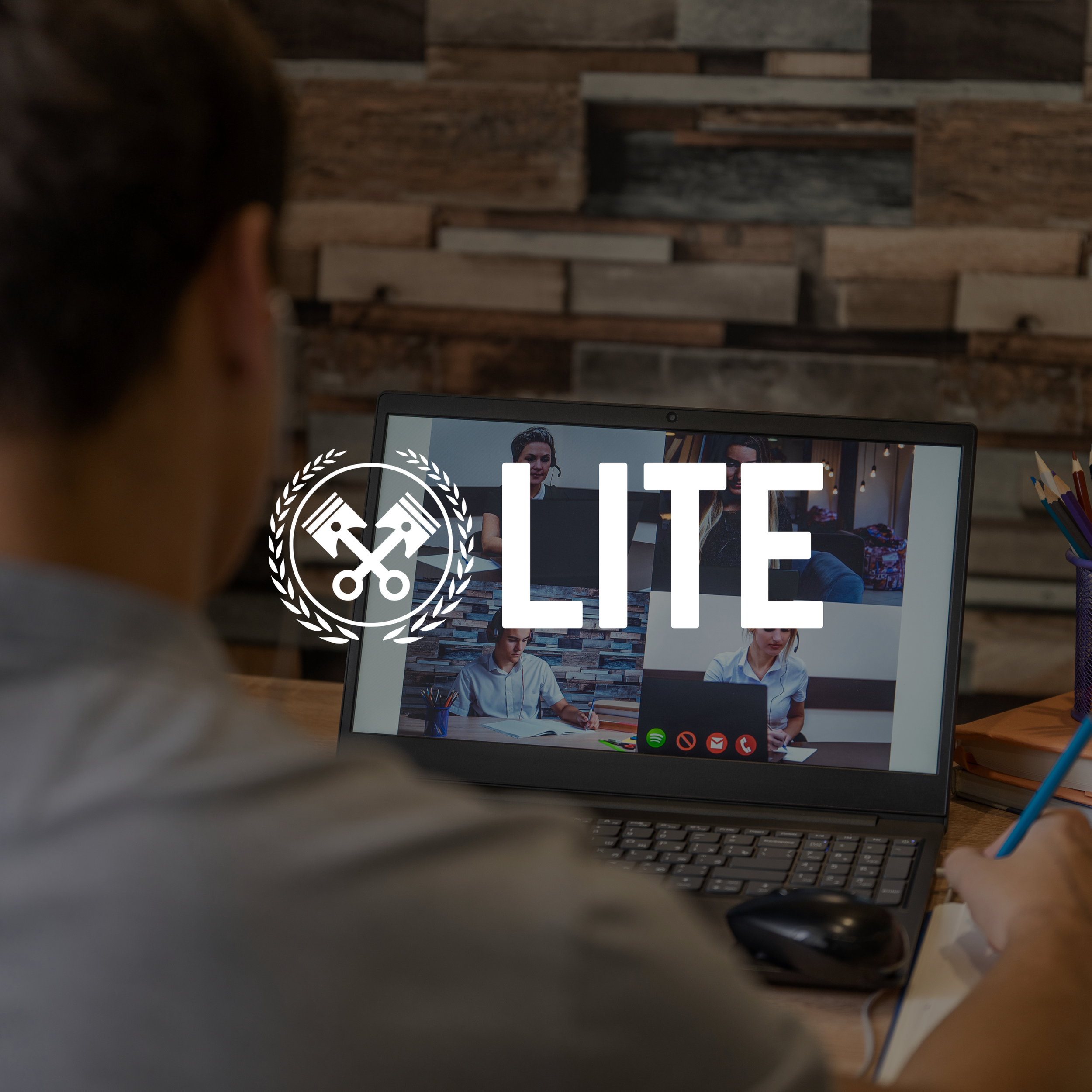 Person participating in a virtual meeting on a laptop, with the LITE logo overlaying the image.