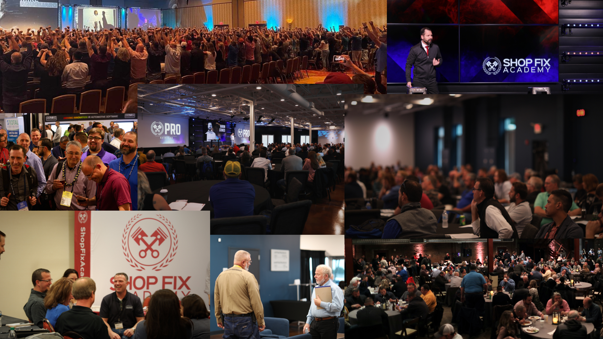 A collage of photos from a conference, showing large groups of people at seminars, presentations, networking areas, and social dinner events.