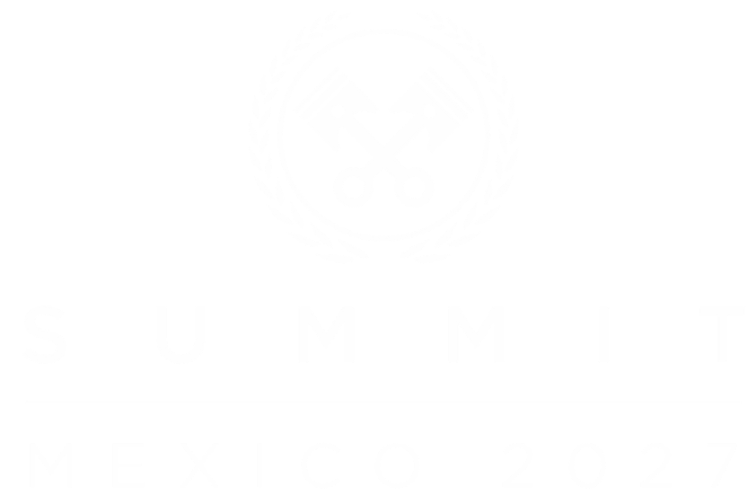 Logo for the 2027 Mexico Summit featuring two crossed shovels within a laurel wreath and the text 'SUMMIT MEXICO 2027'.