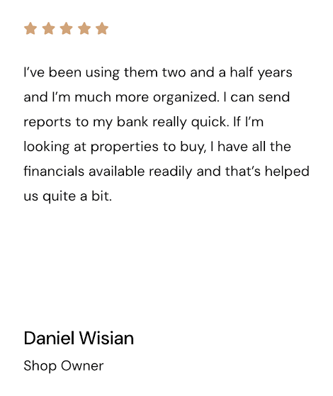 Customer review with five-star rating, discussing using financial tools for two and a half years, mentioning organization, quick bank reports, and financial readiness for property shopping, signed by Daniel Wisian, Shop Owner.